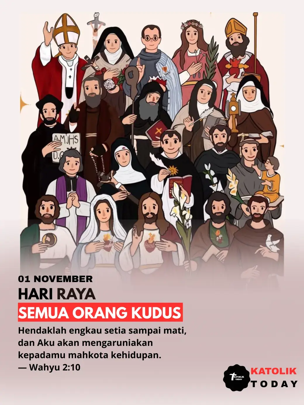 Hari Raya Semua Orang Kudus yang dirayakan setiap 1 November adalah perayaan iman Gereja untuk menghormati semua orang kudus, baik yang sudah diakui secara resmi maupun yang tersembunyi dalam kesederhanaan hidupnya, yang dengan setia mengikuti Kristus hingga mencapai kemuliaan di surga. Pada hari ini, Gereja mengajak kita meneladani mereka yang telah lebih dahulu menang, yang hidupnya penuh kasih, kerendahan hati, pelayanan, dan pengorbanan demi Kerajaan Allah. Kita diingatkan bahwa kekudusan bukan hanya untuk orang-orang tertentu, melainkan panggilan bagi setiap orang beriman; bahwa melalui perjuangan, pertobatan, dan kesetiaan dalam kehidupan sehari-hari, kita pun dipersiapkan untuk menjadi bagian dari persekutuan para kudus yang memuji dan memuliakan Tuhan selama-lamanya. Semoga perayaan ini meneguhkan langkah kita untuk semakin menyerahkan hidup kepada Kristus dan menjadi tanda kasih-Nya di dunia. #katolikkekinian #katoliktoday #sahabatxaveriens #nttpride🏝🔥 