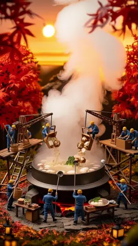 ミニチュア職人🍄🛠️ 今日の現場は「キノコ汁工房」！ 森で採れたキノコを丁寧に洗って、巨大なお鍋でぐつぐつ煮込み中🔥 具材がやわらかく煮えたら、完成✨ #ミニチュア職人 #キノコ汁工房 #秋の味覚 #ミニチュア料理 #ジオラマ動画 