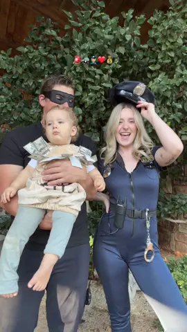 I MEAN who wouldn’t want to steal him?!? 💰🚔👮🏼‍♀️❤️ #familyhalloweencostume #halloweentransition #fypシ #momlife #copsandrobbers 