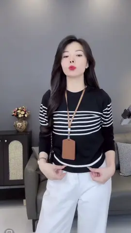 Áo len dệt kim tay dài nữ kiểu kẻ ngang cổ tròn len mongtoghi mỏng mát dáng basic#aolen #aolennu #aolendetkim #aolendep #aolenkieu 