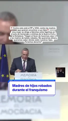 Durante el homenaje a las víctimas de la Guerra Civil y la Dictadura, una mujer interrumpió emocionada el acto para dirigirse al presidente Pedro Sánchez, generando un momento de gran impacto mediático. El suceso ha reabierto el debate sobre la memoria histórica y las víctimas del franquismo. Mientras el Gobierno defiende la Ley de Memoria Democrática, PP y Vox se mantienen firmemente en contra, criticando su uso político y su enfoque sobre el pasado reciente de España. #foryou #pedrosanchez #maternidad #niñosrobados #viralvideo 