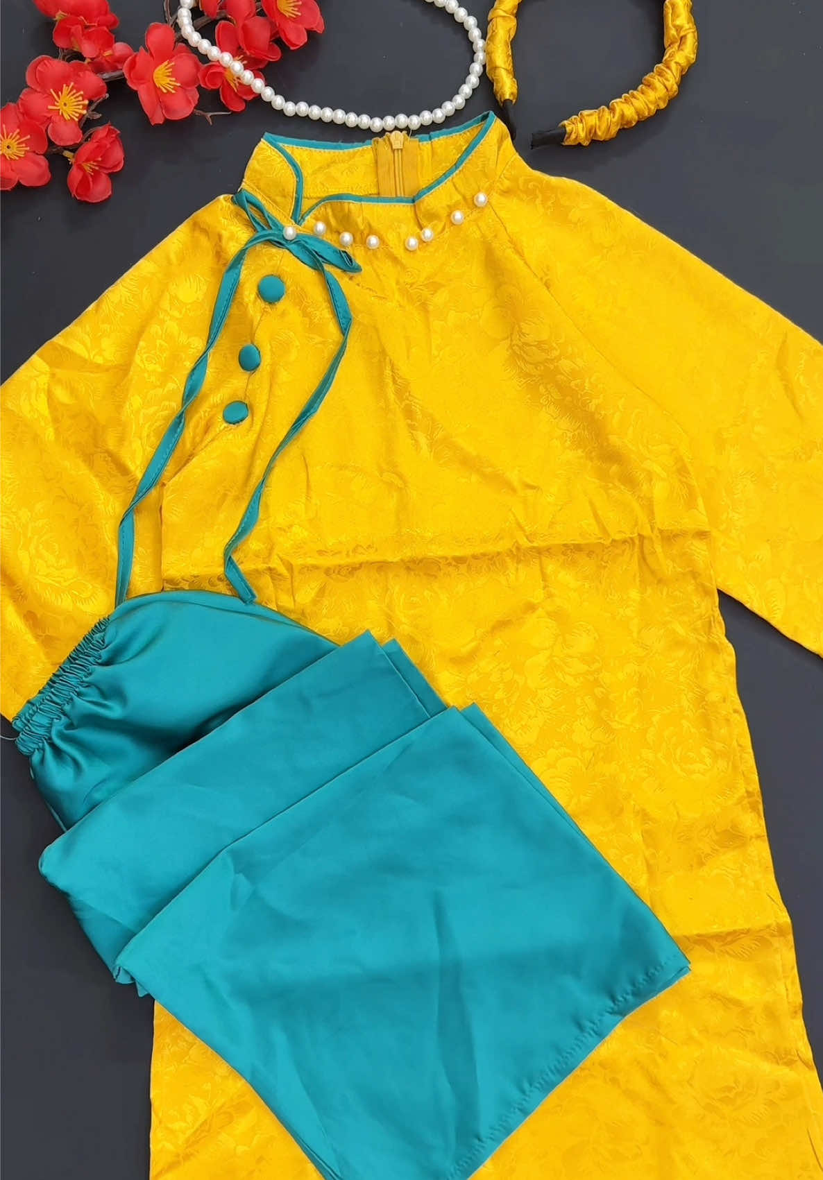 (AD02) Sét áo dài Tết Gấm cổ kiểu lệch đính ngọc xinh cho bé #aodai #aodaitet #aodaichobe #tet 