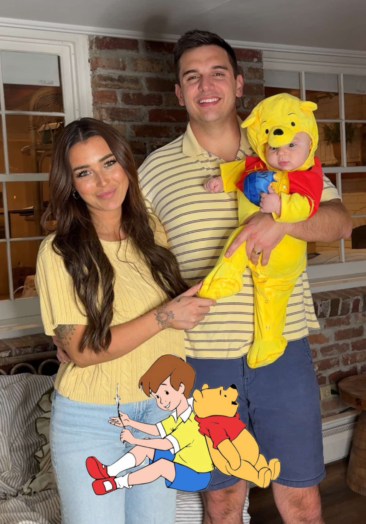 mama tried but mama tired 🍯✨🤎 pretend my shirt says hunny + jesses shoes are red 🥲 #babysfirsthalloween #winniethepooh #familyhalloweencostume #firsttimemom 