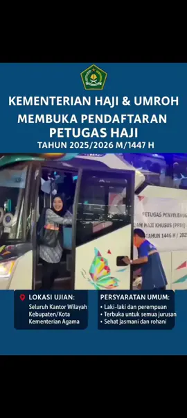 LOKER PETUGAS HAJI INDONESIA TAHUN 2026 Petugas Penyelenggara Ibadah Haji Periode 2026 M 1447H POSISI: Perawat/Ners Dokter dan Ketua Kloter Perlindungan jamaah Transpotasi, Akomodasi, konsumsi Layanan lansia dan disabilitas Penanganan krisis jamaah Syarat Pendaftaran : Beragama Islam Warga Negara Indonesia Ijazah Terakhir KTP yang Sah dan Mash Berlaku Sehat jasmani dan rohani Tidak dalam keadaan hamil Berkomitmen dalam pelayanan Jemaah Surat Keterangan Sehat dari puskesmas/ rumah sakit pemerintah PENDAFTARAN GRATIS LINK PENDAFTARAN ADA DI BIO #petugashaji #petugashajiindonesia  #lowongankerja #petugashaji2026 #kementrianhajidanumroh  #lokerindonesia #hajiumroh #fyp #lokerhaji 