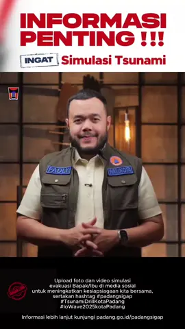 Meneruskan himbauan dari WaliKota Padang, Mari kita sukseskan Tsunami Drill yang akan diselenggarakan pada hari RABU, 05 NOBEMBER 2025.  Simulasi akan dimulai serentak pada pukul 10 pagi, dan direncanakan selesai pukul 11 siang. Giat ini penting bagi kita, memastikan kita semua memahami dan mengetahui TITIK AMAN/SHELTER yang telah di petakan oleh Pemko Padang.  #tsunamidrillkotapadang #padangsiaga #padangtsunamidrill2025 #umkmchampionpadang2025 