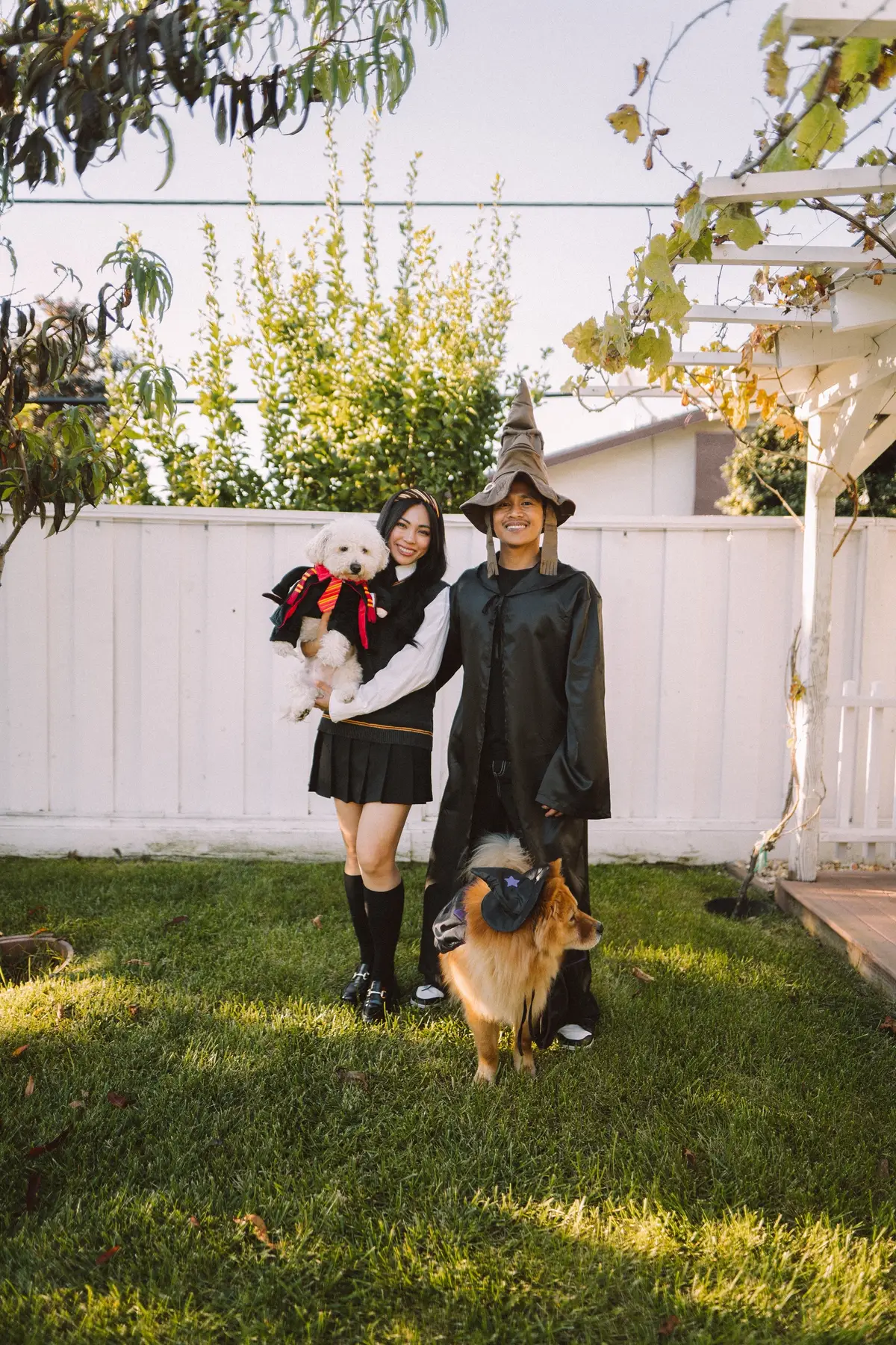 Mischief managed, chocolate frogs secured and Voldemort still can't sit with us. 👀  P.S. they're so done with us on the last slide 🤣 also, petition to make more cute costumes for big dogs! 😒 and yes, we all dressed around Hoku 😅  Anyway, Happy Halloween, muggles! ⚡️ #halloweencostumes #dogcostume #harrypottertok #familycostume #halloweenlook 