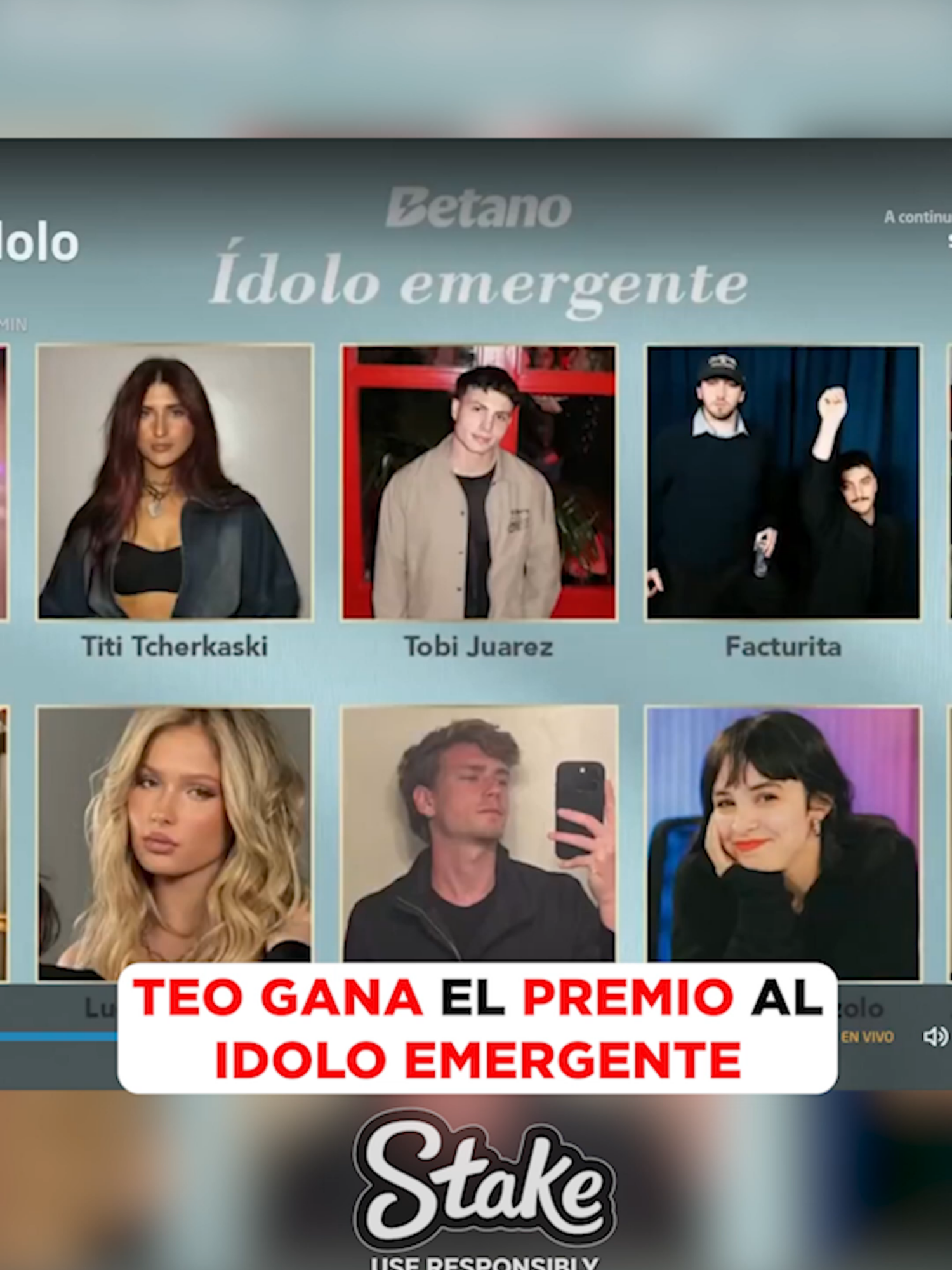 TEO GANA EL PREMIO AL IDOLO EMERGENTE EN LOS PRMEIOS IDOLS #argentina #kick #bocajuniors #lacobraaa #davooxeneize #premiosidolo #telefe #teodelia #412 #programa412 #benitosdr #laagusneta