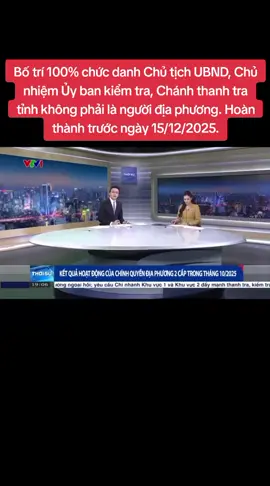 Ngày 31/10/2025, Bộ Chính trị, Ban Bí thư đã ban hành: Kết luận số 201-KL/TW của Bộ Chính trị, Ban Bí thư về tình hình, kết quả công tác đại hội đảng bộ trực thuộc Trung ương nhiệm kỳ 2025-2030 và một số nhiệm vụ thời gian tới; Kết luận số 202-KL/TW của Bộ Chính trị, Ban Bí thư về tình hình, kết quả hoạt động của bộ máy hệ thống chính trị và chính quyền địa phương hai cấp. Trong đó có nội dung: Tiếp tục triển khai chủ trương bố trí 100% các chức danh chủ tịch uỷ ban nhân dân, chủ nhiệm uỷ ban kiểm tra, chánh thanh tra tỉnh không phải là người địa phương, hoàn thành trước ngày 15/12/2025. #tongbithutolam  #sapxepbomay #haiphong  #xuhuong 