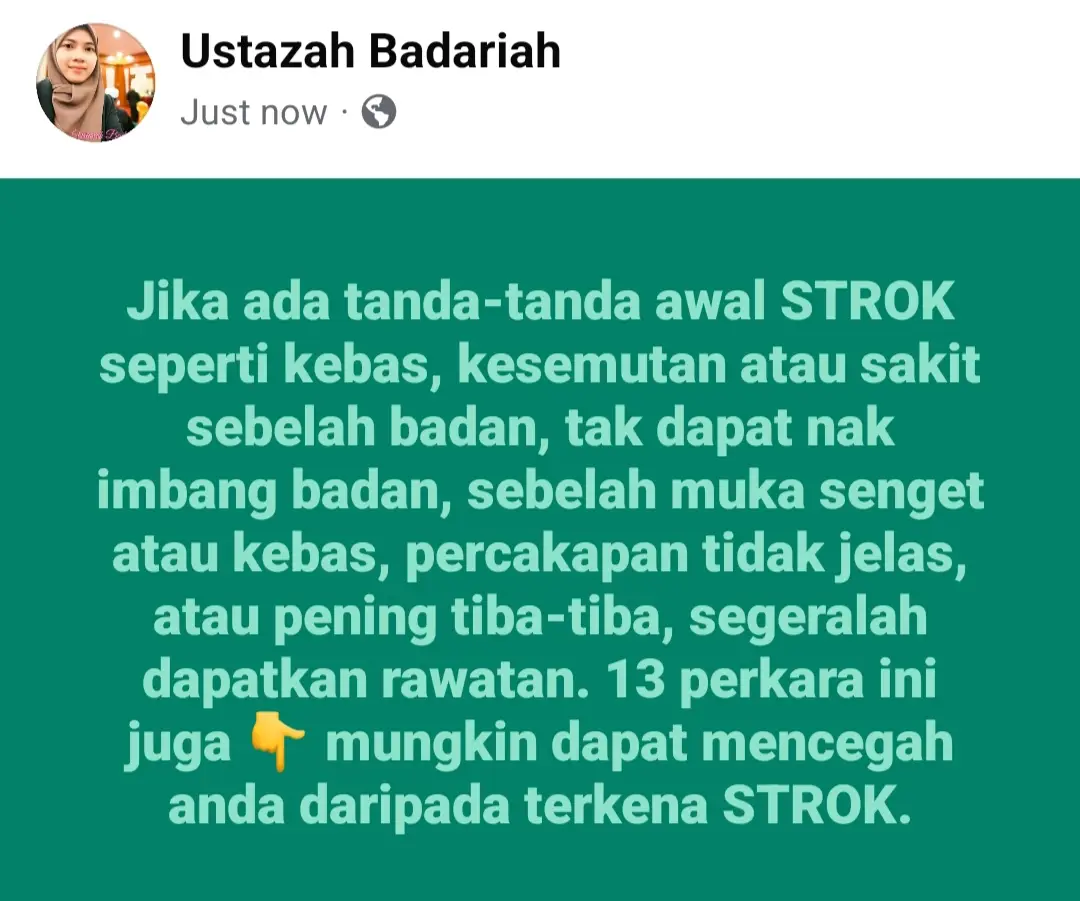 1. Buat green juice @ jus hijau. Ustazah dah live kaedah nak buat green juice ni.  Sape yang dah buat. Diri sendiri akan dapat rasa perbezaan kesihatan pd diri sendiri. Setiap orang tak sama kesan dan proses penyembuhannya. . Siapa sahabat ustazah yang dah buat green juice ni? . 2. Kawal Tekanan Darah 🌿Pastikan tekanan darah stabil, bawah 120/80 mmHg. 🌿Kurangkan pengambilan garam biasa (table salt) dan makanan tinggi kolesterol. 🌿Amalkan pemakanan sihat seperti sayur-sayuran, buah-buahan, dan minyak zaitun extra virgin. . 3. Jaga Tahap Gula Dalam Darah 🌿Jika anda ada diabetes, pastikan gula dalam darah terkawal. 🌿Kurangkan makanan tinggi gula dan karbohidrat ringkas. 🌿 Plezz berhenti gula putih dan susu pekat manis  🌿Ambil minyak zaitun extra virgin yang boleh membantu kestabilan gula dalam darah. . 4. Kekalkan Berat Badan Sihat 🌿Obesiti meningkatkan risiko strok. 🌿Amalkan diet seimbang dan kawal saiz hidangan. . 5. Pantau tahap kolesterol  🌿Jika anda ada masalah kolesterol, hindari makanan bergoreng, fast food, seafood yang boleh melonjakkan bacaan LDL. . 6. Eat clean. Eat clean. Eat clean. Makan makanan super. Berhenti makanan penyebab radang. . 7. Aktif Bergerak Lakukan senaman 30 minit sehari, 5 kali seminggu. Lakukan senaman ringan seperti berjalan kaki, berbasikal, atau senaman regangan untuk meningkatkan peredaran darah dan mengurangkan rasa letih, lesu dan kebas kebas. . 8. Lakukan Aktiviti Grounding Grounding, atau earthing, adalah teknik yang melibatkan sentuhan langsung dengan permukaan bumi, seperti berjalan tanpa kasut di atas rumput, tanah, atau pasir. Ia membantu menyerap elektron semula jadi dari bumi ke dalam badan kita, yang boleh memberikan banyak manfaat kesihatan. . 9. Latih diri untuk berpuasa sunat. Boleh pilih puasa Nabi Daud @ Puasa Isnin Khamis. Dengan berpuasa, berlakunya proses yg sangat unik atau dinamakan sebagai autophagy. . 10. Minum air mencukupi.. Badan perlukan lebih kurang 2.5 Liter air untuk jalankan sistem badan dengan sempurna pada setiap hari. . 11. Jalani terapi secara berkala. Boleh berbekam sebulan sekali dan terapi akupuntur mengikut masalah kesihatan anda juga secara berkala. Dalam badan manusia ada 361 point basic. Ada kaisar point. Aktifkan kaisar point untuk ia bekerja dengan baik dan jadikan sistem tubuh lebih efisien supaya lebih sihat sempurna. Balance kan meridian tubuh. . Sahabat yang nak booking sesi terapi akupuntur bersama aroma terapi boleh wassabi team atau dm ustazah. . 12. Amalkan minyak zaitun extra virgin daripada buah putik. Ustazah pilih Zouitina Prestige. . . Minyak zaitun kaya dengan lemak tak tepu tunggal yang boleh membantu menurunkan kolesterol jahat (LDL) dan meningkatkan kolesterol baik (HDL). Mengelakkan berlakunya strok Antioksidan Tinggi: Minyak zaitun mengandungi antioksidan yang membantu melindungi jantung dan mengurangkan keradangan. Sumber Polifenol: Bahan ini membantu dalam mencegah pembentukan plak pada arteri. . 13. Try buat urutan di badan. Aktifkan point2 yg ada di badan dan alirkan darah dengannya sempurna. Balancekan energy pada meridian tubuh. . . Ustazah guna batu bian magik ni bersama dengan terapi oil. Alhamdulillah banyak membantu untuk patient yang dah ada symptom awal strok dan yang dah terkena strok. . Kalau sahabat2 nak batu bian dan terapi oil ni boleh dm ustazah. . . #ustazahbadariah 