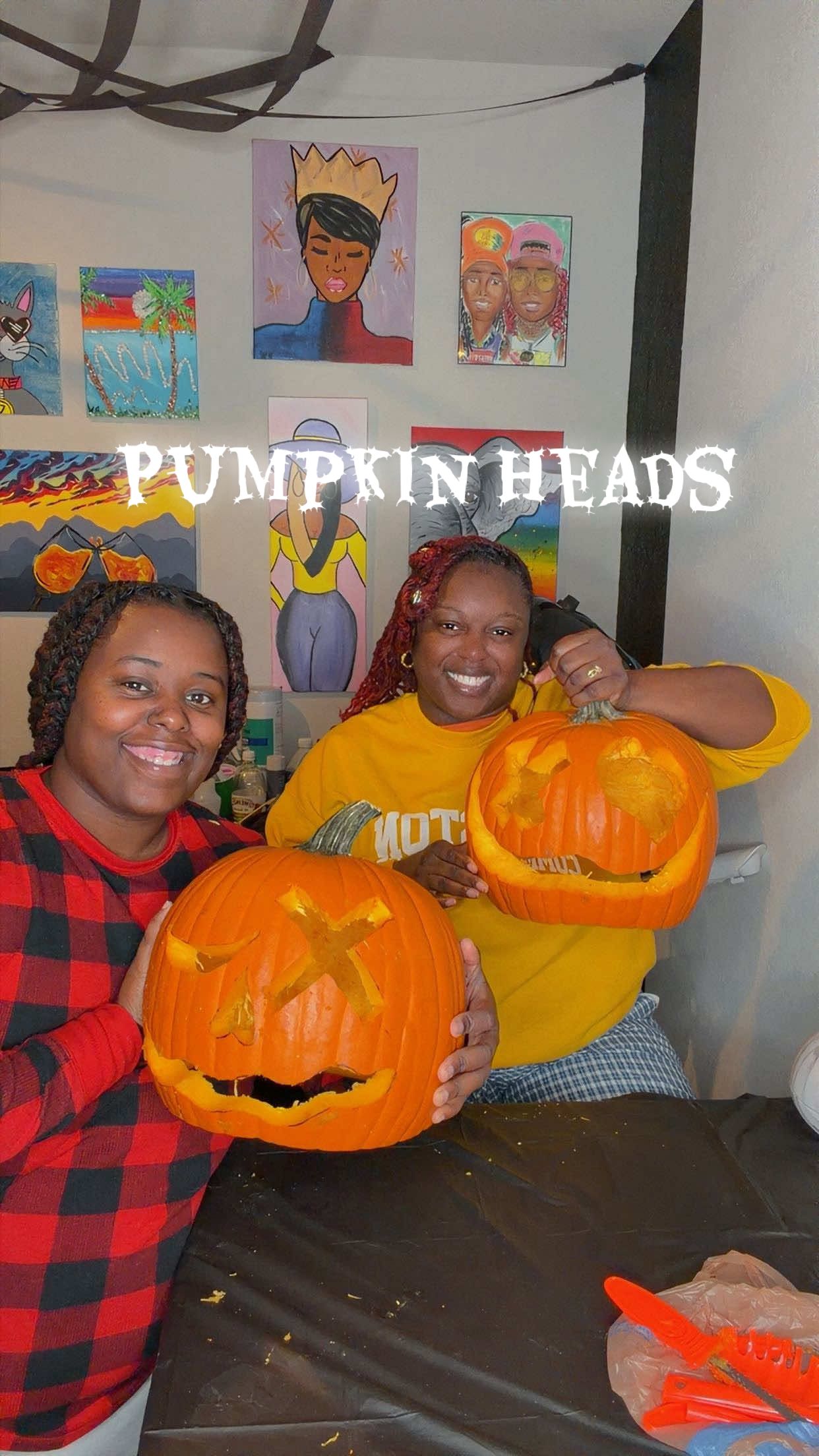 We attempted to make pumpkin heads for a photoshoot unfortunately they wasnt @Shanique White long enough #halloween #pumkinhead #pumkinheadphotoshoot #pumkins #wlwcouples 