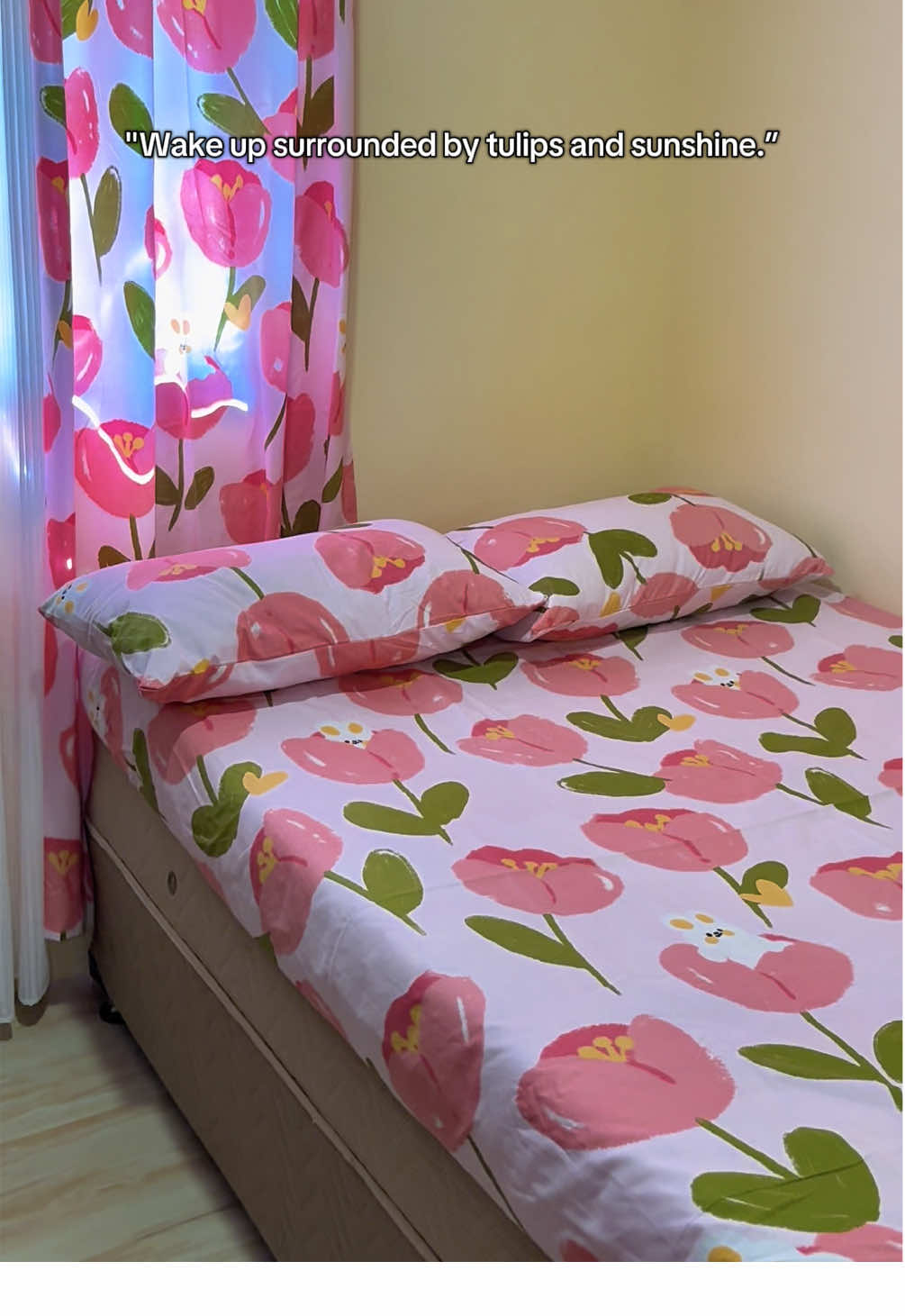 A perfect match of comfort and beauty — tulip-inspired bedsheet and curtain for your dreamy space 🌸✨ #bedsheets #3in1bedsheet #tulipsbedsheet #tulipscurtain #canadiancottonbedsheet 