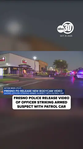 Fresno police release video showing officer striking armed suspect with patrol car after River Park shooting. Link in bio for more.