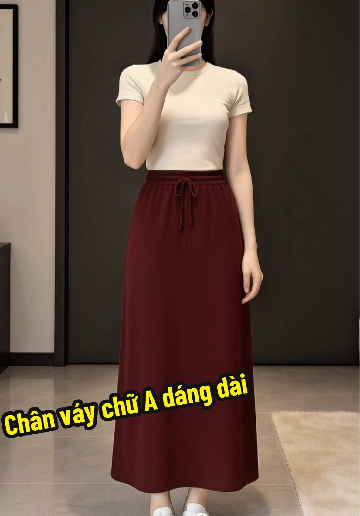 Chân váy chữ A dáng dài, lưng thun kèm dây rút nhẹ giúp ôm eo tự nhiên. Thiết kế đơn giản nhưng tôn dáng, dễ phối cùng áo thun hay sơ mi 💫 #chanvaychuA #chanvaydangdai #vaynu #outfitxinh #phongcachthoitrang  