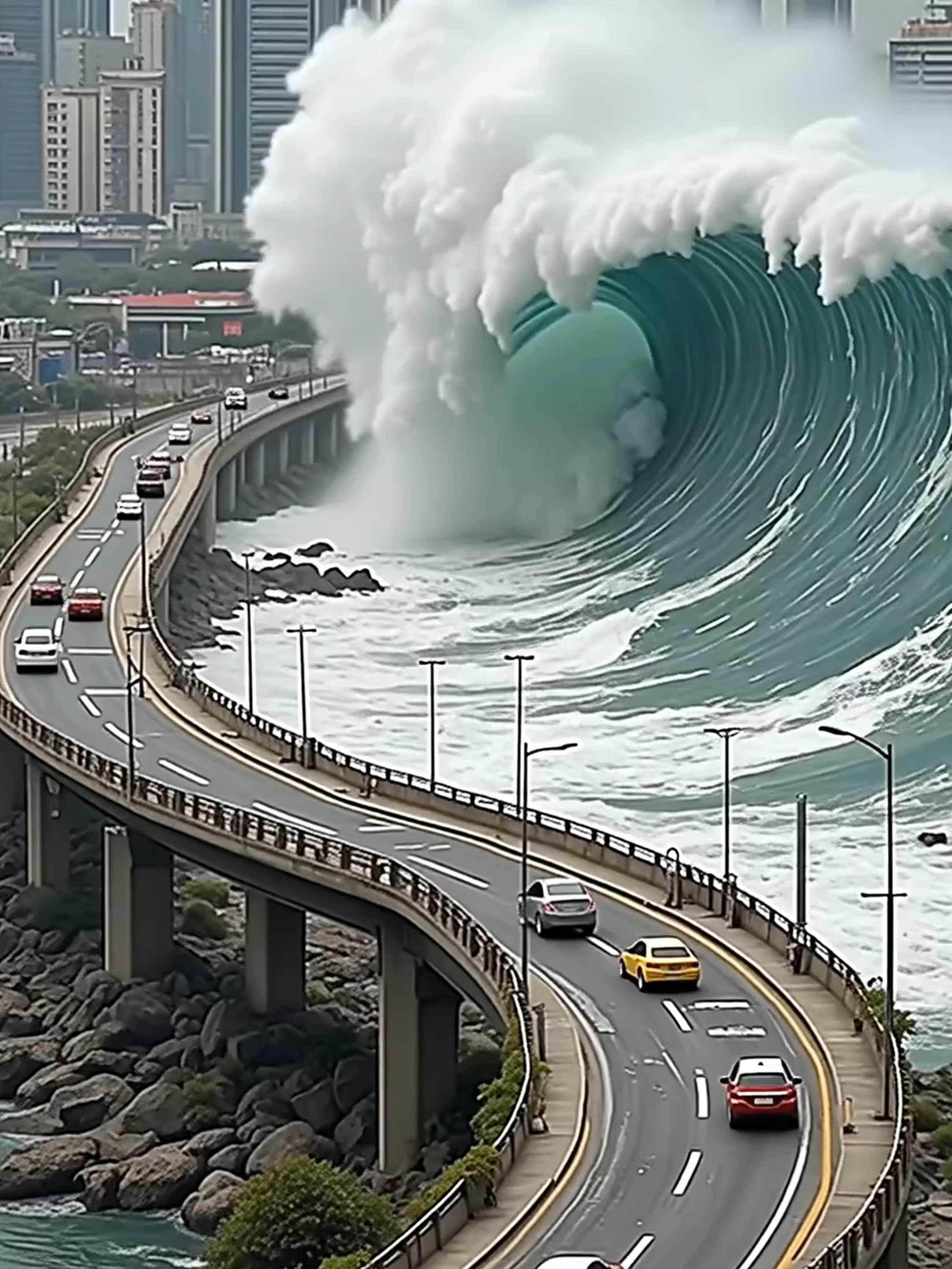 高架桥被巨浪击穿！汽车连人带车坠入滔天洪流 #海啸现场 #城市灾难 #真实模拟 #高架坍塌