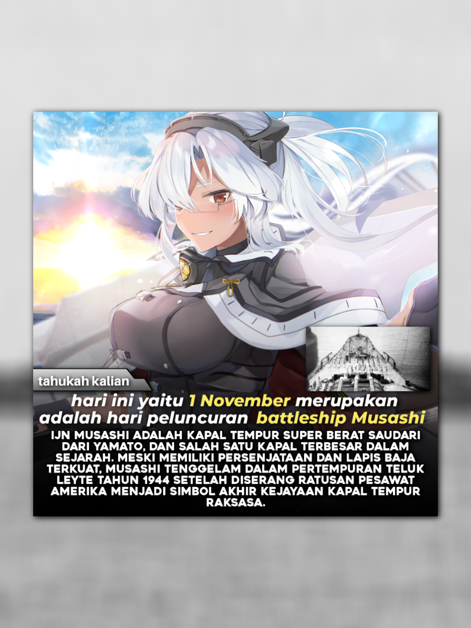 HBD Musashi 🥳🎉 IJN Musashi adalah kapal tempur super berat milik Angkatan Laut Kekaisaran Jepang dan saudari dari Yamato, keduanya merupakan kapal tempur terbesar dalam sejarah. Dibangun secara rahasia di galangan Mitsubishi di Nagasaki, Musashi diluncurkan pada 1 November 1940 dan mulai bertugas pada 5 Agustus 1942. Namanya diambil dari Provinsi Musashi, kawasan bersejarah Jepang. Dengan panjang 263 meter dan bobot penuh lebih dari 70.000 ton, Musashi dilengkapi dengan sembilan meriam kaliber 460 mm yang terbesar yang pernah dipasang di kapal manapun. Selain itu, ia membawa puluhan senjata anti-pesawat dan memiliki perlindungan baja yang sangat tebal, menjadikannya benteng terapung yang mengesankan di samudra Pasifik. Sebagai kapal andalan Armada Gabungan Jepang, Musashi terlibat dalam sejumlah operasi penting, meski tidak banyak terlibat dalam pertempuran langsung karena dominasi kekuatan udara mulai menggeser peran kapal tempur konvensional. Keberadaannya mencerminkan ambisi Jepang untuk menguasai laut melalui kekuatan dan intimidasi. Nasib tragisnya datang dalam Pertempuran Laut Sibuyan pada 24 Oktober 1944, bagian dari Pertempuran Teluk Leyte. Diserang oleh lebih dari 250 pesawat dari kapal induk Amerika, Musashi dihantam sedikitnya 19 torpedo dan 17 bom. Kerusakan parah membuat kapal kehilangan kendali dan perlahan tenggelam ke Laut Sibuyan pada malam harinya, menewaskan lebih dari 1.000 awak. Laksamana Muda Inoguchi, sang komandan, memilih gugur bersama kapalnya. Musashi bukan hanya mahakarya teknik maritim, tetapi juga simbol dari perubahan zaman dalam strategi perang laut. Ia dibangun untuk duel meriam, tapi akhirnya takluk oleh kekuatan udara mewakili akhir dari era kapal tempur besar. #ijnmusashi #ww2 #History #foryou #fyp 