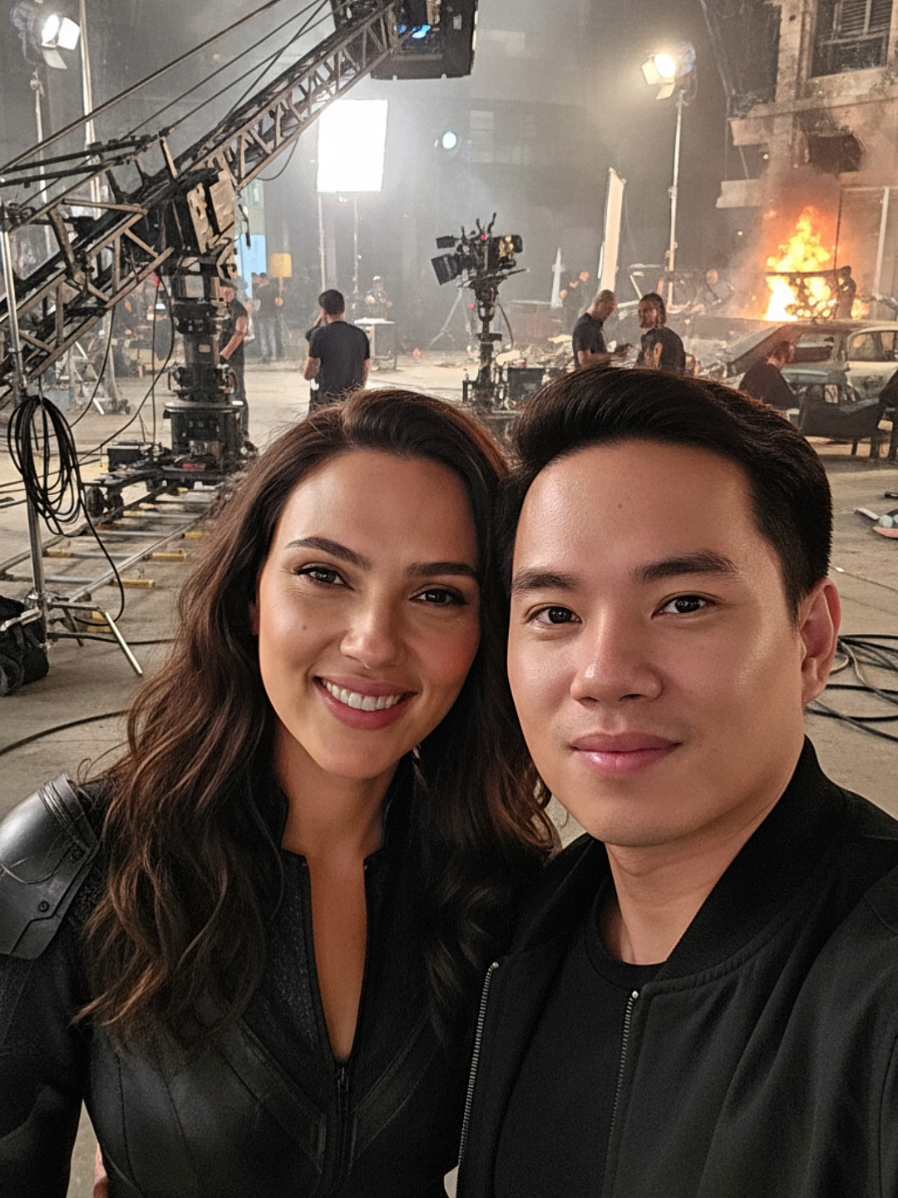 สร้างภาพ Ai จากรูปถ่ายของเรา ถ่ายรูปคู่กับดาราฮอลลิวูด คัดลอก Prompt ได้ในใต้โพสหรือในคอมเม้นแรกล่างสุดครับ  Prompt: Take a close-up selfie of a man (using the face from the attached photo, 100% identical), wearing a black jacket. He's posing with Scarlett Johansson on the left, his expression sweetly smiling and his gaze focused on the camera. The background is an action film set with lots of equipment. The photo quality is HD and grainy; don't distort their faces. #ai #gemini #prompt #สร้างภาพ #แจกpromptฟรี 