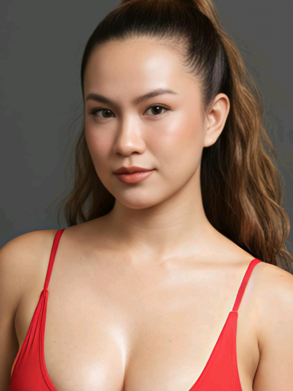 GEMINI AI PROMPT: 9:16 aspect ratio. 8K resolution. Use the photo I uploaded as my reference. Keep the facial features the same to create a hyper-realistic studio portrait featuring a young woman. Key Visual Details  * Subject: The woman is seated on a dark, simple chair, facing mostly toward the camera. She has her hair pulled back into a high ponytail, showing her face clearly. Her expression is calm and direct.  * Attire: She is wearing a COLOR OF CHOICE sleeveless bodysuit with spaghetti straps and a scoop neckline. The garment appears to be made of a thin, stretchy material.  * Pose and Composition: The woman is sitting with her torso slightly angled, but her head turned to look directly at the viewer. Her hands are resting gently on her thighs/knees. The pose is intended to showcase the figure. Her bare feet are visible on the floor.  * Lighting and Background: The image is shot in a studio against a solid, dark gray background. The lighting is soft, professional, and well-controlled, highlighting the contours of her body and face while minimizing harsh shadows. There is a noticeable sheen on her skin, suggesting the use of professional makeup and body oil for a glowing effect. Overall Impression The image is a fashion or beauty shot that emphasizes the subject's physical appearance, clear skin, and the shape of the bodysuit. The minimalist setting and lighting draw all attention to the woman. #Gemini #CapCut #photography #aiprompt #glamour 