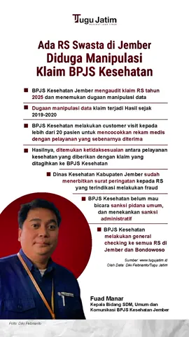 BPJS Kesehatan menemukan dugaan manipulasi klaim JKN oleh tiga rumah sakit swasta di Jember. Dugaan korupsi yang merugikan negara tersebut sedang dalam audit dan investigasi serius BPJS Kesehatan.  Ikuti @tugujatimid untuk berita update di Jawa Timur.  #tugujatim #bpjskesehatan #jember 