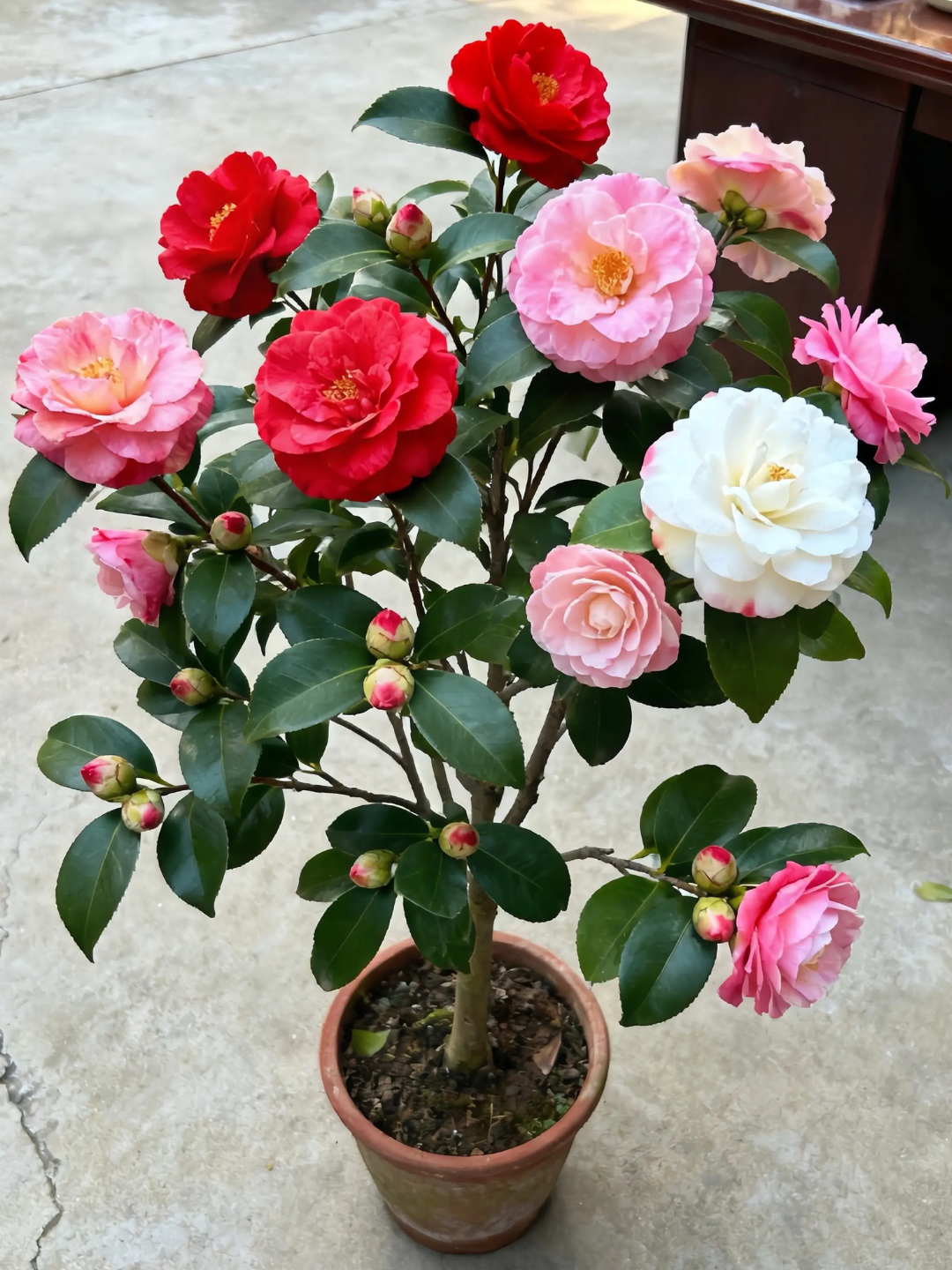 Cây Trà My Ngũ Sắc đang sẵn nụ, 5 màu hoa trên 1 cây - Bông nở xuyên Tết.