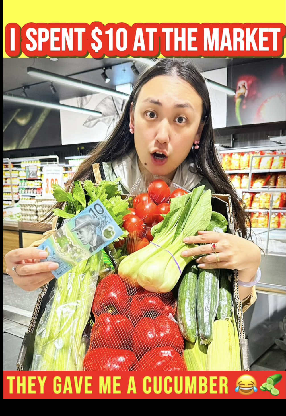 $10 for ALL These Veggies 🥒🌽” I grabbed five con  cucumbers, two corn, one celery, one p/p red cap,  one p/p tomato, and baby bok choy — and it’s STILL under $10! Where else in Melbourne can you do that? 💚 That’s my $10 Veggie Challenge — wanna join? Comment if you can beat my basket, and I might throw in a free cucumber for you next round 😉🥒💥 #10DollarChallenge #BudgetFindsAustralia #MelbourneDeals #EasyRecipes  #CheapMeals