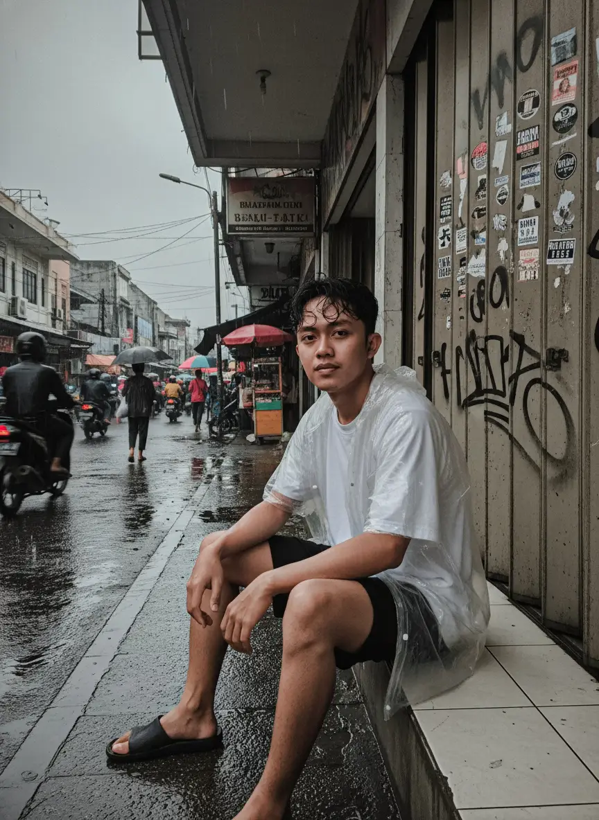 Mau balik tapi malah hujan duhh 🫩🫩🫩,. Ijin telat Ibu Negara, liat nih foto asli ini 🫣🫣😅😅. PROMPT : A young Sundanese man from Bandung sits slightly closer to the camera in front of a closed shop on Malioboro Street during a light drizzle. The old metal rolling door behind him is dull and covered with graffiti and street stickers. His hair is slightly messy and damp, wearing a white oversized T-shirt under a thin transparent raincoat, black shorts, and black sandals. He sits casually on the wet step, looking calmly at the camera. The dark gray sky hangs low over the wet street, where reflections of lights shimmer on puddles. Several pedestrians walk by holding umbrellas, while motorcyclists wearing raincoats pass slowly through the drizzle, and street vendors line the sidewalk beside the road. The photo looks raw and unpolished, like a quick, random shot from a cheap phone camera—natural colors, uneven lighting, imperfect focus, and a simple, everyday atmosphere. #Photolab #Prompt #kceut #AI #NanoBanana 