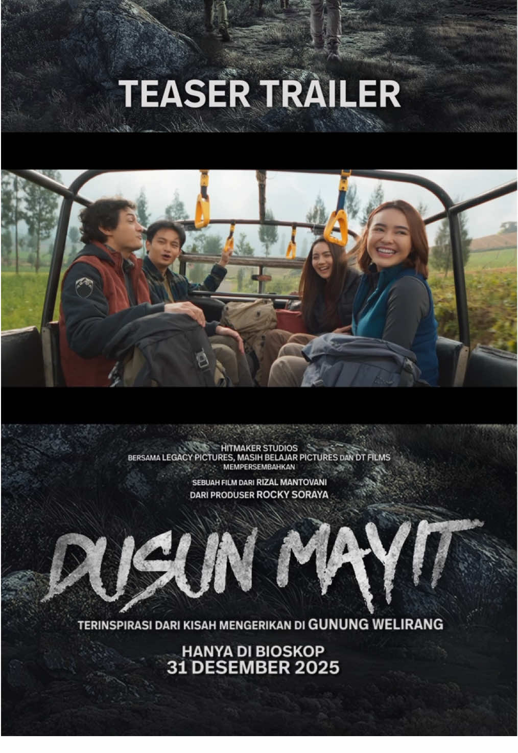 Teaser Trailer Dusun Mayit  Setelah selesai menjalani ujian akhir semester, Raka yang merupakan anak MAPALA mengajak sahabatnya, Aryo dan Yuni serta kekasihnya, Nita untuk mendaki dan melihat pesona keindahan Gunung Welirang sebagai gunung tertinggi kedua di daerah Jawa Timur. Diantara keempat mahasiswa ini, hanya Nita yang belum pernah naik gunung. Akankah mereka berhasil sampai puncak Gunung Welirang? Nantikan Dusun Mayit di bioskop mulai 31 Desember 2025. #DusunMayit #FilmDusunMayit #HitmakerStudios #TikTokTainment 