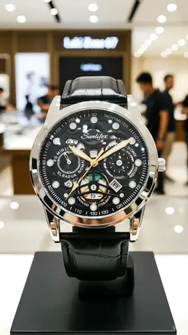 **Jam Tangan Pria Sunlifex Semi-Skeleton Otomatis.** Desain dial mewah ekspos mekanik (skeleton look) yang presisi, dipadukan case silver maskulin dan strap kulit buaya premium. Fitur multi-fungsi (chronograph look) dan tanggal. Tampil elegan dan berkelas untuk gaya bisnis atau formal. *(247 Karakter)* ---  \#JamTanganPria \#Otomatis \#SkeletonWatch \#Sunlifex \#JamMewah \