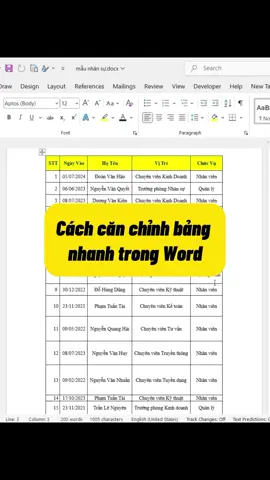 Căn chỉnh kích thước bảng tiện lợi trong Word #tinhocvanphong #word #exceltips #Excel #sachtinhocvanphong 
