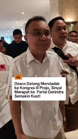 Kongres III Projo di Hotel Sahid Jaya mendadak ramai setelah Sufmi Dasco Ahmad tiba seorang diri dan langsung disambut para peserta. Kehadiran orang kepercayaan Prabowo itu memicu spekulasi, apalagi setelah Budi Arie menyatakan Projo bertekad memperkuat partai yang dipimpin Presiden Prabowo Subianto, dengan keputusan final menunggu dinamika Kongres berikutnya. #projo #kongres #dasco #budiarie #fyp 