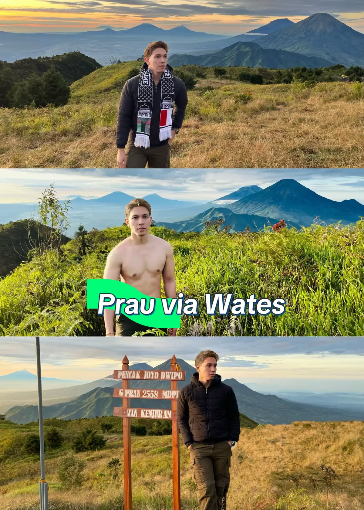 Pendakian dimulai dari Basecamp Wates, pagi menjelang siang. Udara masih adem, semangat masih full. Abis isi data, doa bareng, langsung gas ke Pos 1. Jalurnya masih aman, tanjakannya santai, kanan kiri pohon pinus, vibe-nya tenang banget. Sekitar 30 menitan jalan, nyampe Pos 1. Istirahat bentar, minum, ngatur napas. Lanjut ke Pos 2, mulai berasa nanjaknya. Jalur agak miring dan licin kalau abis hujan, tapi seru karena mulai kelihatan ladang sama bukit di kejauhan. Sekitar 40–50 menit kemudian, sampai Pos 2. Di sini biasanya mulai keluar bekal, entah roti, coklat, atau kacang, haha. Naik lagi ke Pos 3, bagian paling bikin ngos-ngosan tapi juga paling asik. Anginnya udah mulai dingin, udara makin seger, dan puncak mulai kelihatan. Sekitar 45 menitan kemudian nyampe Pos 3. Napas udah ngap-ngapan tapi senyum masih ada, soalnya tinggal dikit lagi ke camp. Dari Pos 3 ke Sunrise Camp Pelawangan cuma sekitar 20 menit. Begitu keluar dari jalur hutan, langsung disambut padang rumput luas dan view Gunung Sindoro yang megah banget. Langsung cari spot, pasang tenda, rebahan, nikmatin sore sambil nunggu sunset. Malamnya? Dingin parah, tapi suasananya hangat. Banyak tenda, suara ketawa di mana-mana, aroma kopi, dan langit penuh bintang. Rasanya tenang banget, kayak semua capek hilang diganti damai. Subuh jam 05.00, alarm bunyi. Dingin menusuk, tapi semangat ngejar sunrise lebih kuat. Jalan cuma 10 menitan ke puncak, dan pas nyampe atas… gila sih, worth it banget. Langit pelan-pelan berubah jingga, matahari nongol dari balik Sindoro - Sumbing, lautan awan di bawah kaki. Semua lelah, ngos-ngosan, dan dingin langsung lunas dibayar sama keindahan pagi itu. 🌅✨ #gunungprau #praumountain #indonesia🇮🇩 #pendakiindonesia 