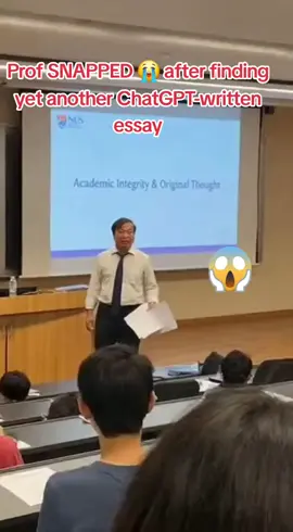 The whole lecture hall froze when the professor lost it after spotting another ChatGPT-written essay. Papers went flying, students went silent, and everyone knew someone messed up big time. Every student’s nightmare—when the prof catches AI writing in your work. The anger, the disappointment, and that one awkward laugh from the back row say it all. Would you dare to submit an AI essay after this? Tag your classmate who always tries their luck. Comment if your prof ever called out ChatGPT in class. Like, share, and save this before your next deadline. #chatgpt #singaporeuniversity #studentlife #fyp 