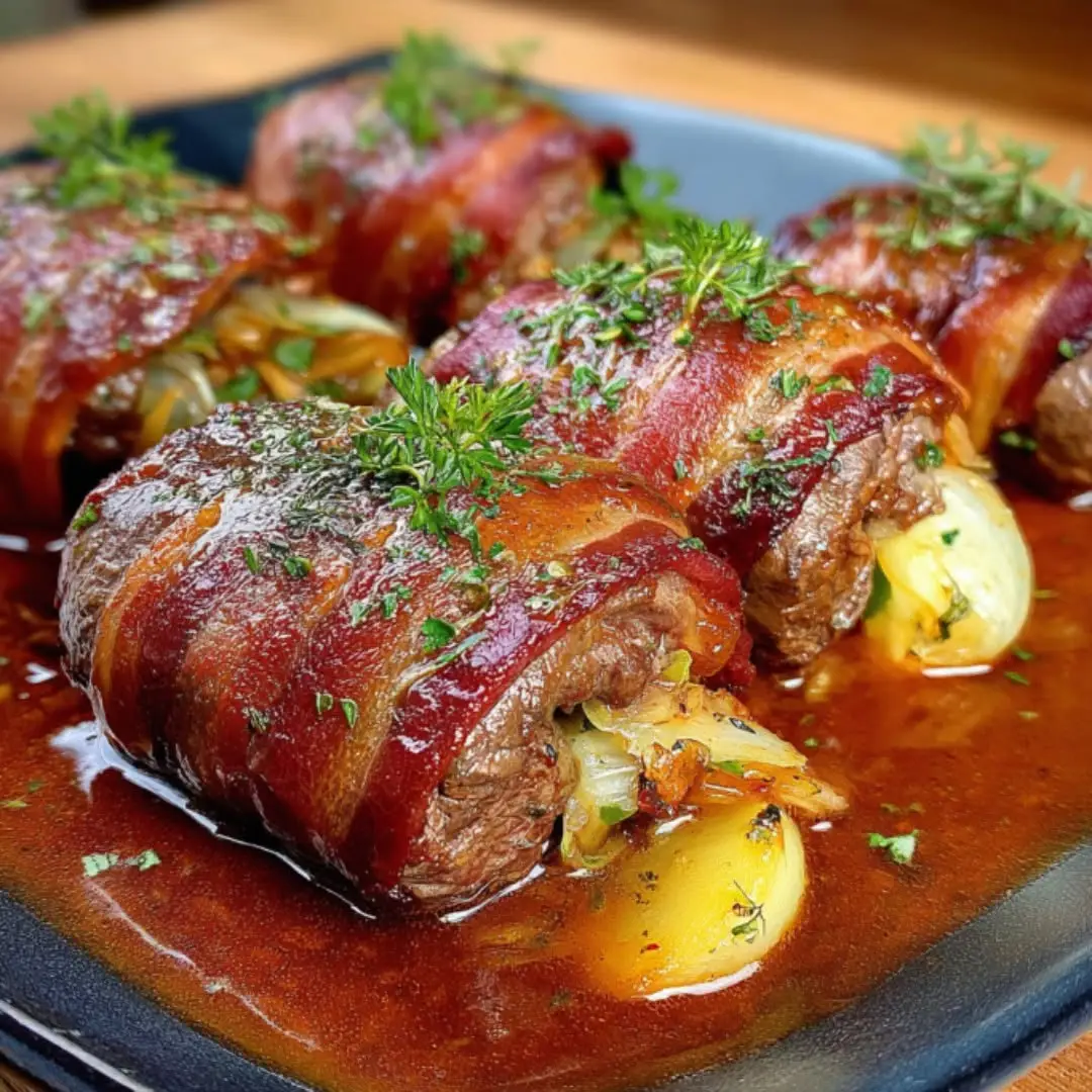 Authentische Deutsche Rinderrouladen 🥩🇩🇪 Zartes Rindfleisch, gefüllt mit Speck, Gurken & Zwiebeln, langsam geschmort in einer kräftigen Soße – ein echter deutscher Klassiker! 🍷✨ Perfekt für Sonntagsessen oder festliche Anlässe 🎉 ⏱️ Kochzeit: ca. 2 Std. 🍽️ Ergibt: 4 Portionen (Mini-Version: 2 Portionen) 🧂 Zutaten (Normale Version) 4 Rinderrouladen (ca. 600–700 g) 8 Scheiben Speck 🥓 2 Zwiebeln, fein gehackt 🧅 2 Gewürzgurken, in Streifen geschnitten 🥒 2 EL Senf (mittelscharf) Salz & Pfeffer nach Geschmack 2 EL Öl 2 EL Butter 1 EL Tomatenmark 500 ml Rinderbrühe 200 ml Rotwein 🍷 (optional) 1 Lorbeerblatt & 1 TL Paprikapulver 🧂 Zutaten (Mini-Version) 2 Rinderrouladen (ca. 350 g) 4 Scheiben Speck 1 Zwiebel 1 Gewürzgurke 1 EL Senf 1 EL Öl + 1 EL Butter ½ EL Tomatenmark 250 ml Brühe 100 ml Rotwein Salz, Pfeffer, Paprikapulver 👩‍🍳 Zubereitung 1️⃣ Rouladen flach ausbreiten, mit Senf bestreichen, salzen & pfeffern. 2️⃣ Jeweils mit Speck, Zwiebel & Gurke belegen, dann fest aufrollen & mit Küchengarn binden. 3️⃣ Öl & Butter in einem Bräter erhitzen, Rouladen rundum anbraten, bis sie schön braun sind. 4️⃣ Tomatenmark zugeben, kurz rösten, dann mit Rotwein & Brühe ablöschen. 5️⃣ Lorbeerblatt & Paprika zufügen, Deckel drauf & 90–120 Min. bei niedriger Hitze schmoren. 6️⃣ Rouladen herausnehmen, Soße durch ein Sieb gießen & evtl. etwas einkochen. 7️⃣ Mit Rotkohl, Spätzle oder Kartoffelklößen servieren 🥔🥬 🍽️ Tipp ➡️ Für extra zarte Rouladen: über Nacht im Kühlschrank ziehen lassen, bevor du sie aufwärmst – der Geschmack wird noch intensiver 😍 ➡️ Senf leicht süßlich? Dann nimm einen Löffel Honig für das gewisse Etwas 🍯 #Rinderrouladen #DeutscheKüche #Hausgemacht 