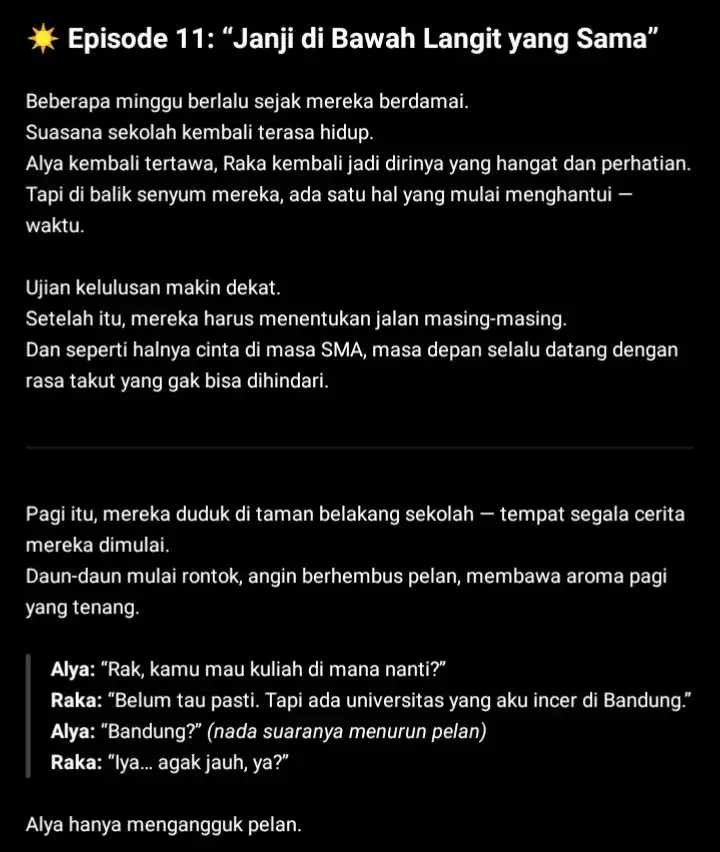eps 11 “Kadang, cinta gak butuh alasan buat bertahan. Cukup keyakinan bahwa dia masih melihat langit yang sama.” #romance #cerpen #rakaxalya #xyzbca #fypシ 
