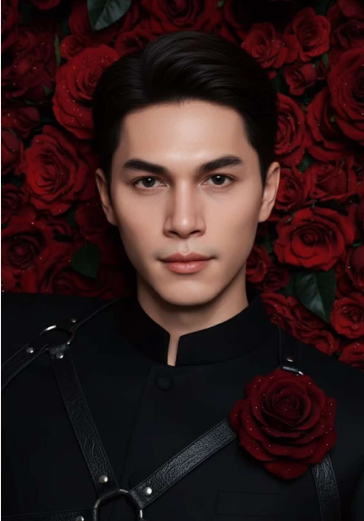 🌹🌹🌹🌹🌹 #CapCut #aiสร้างภาพ #tiktok #geminiprompt #model  Prompt: Create a hyper-realistic portrait of the person from the reference photo, preserving all unique facial features. A hyper-realistic portrait of an attractive young man with a gothic and regal aesthetic. He has an intense gaze, short dark hair, and wears a black suit with an ornate leather harness and a rose brooch. He is reclining against a dense wall of deep red roses. Dramatic chiaroscuro lighting.