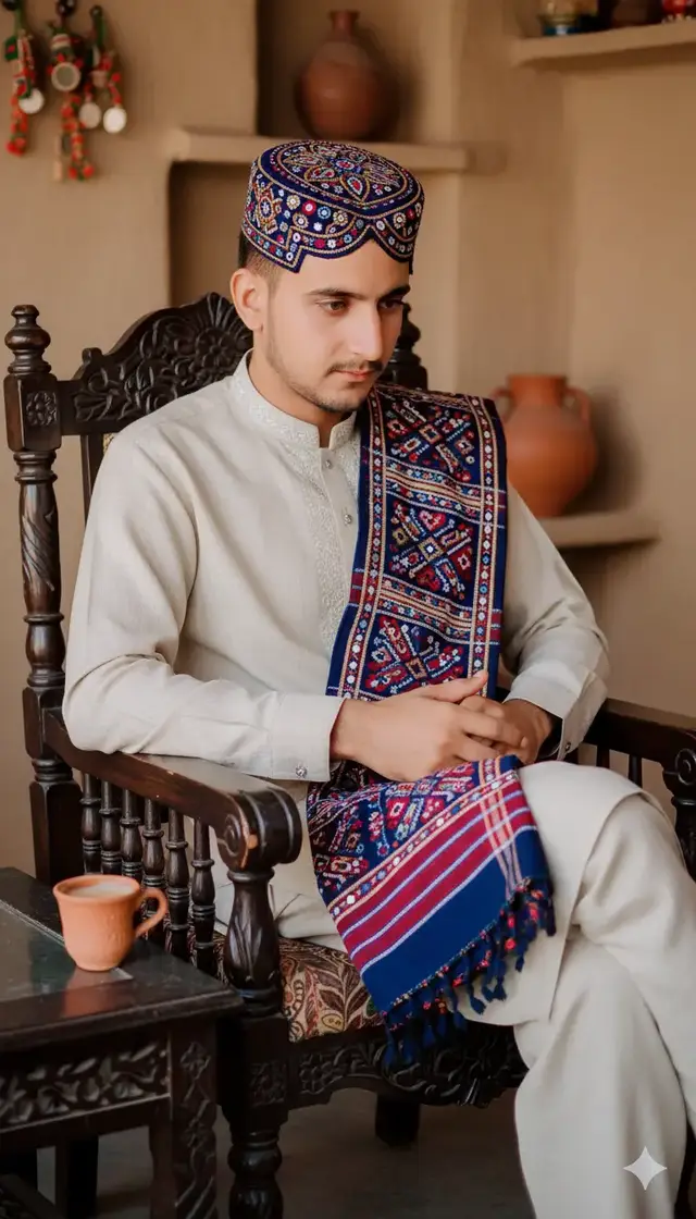 A traditional cultural Sindhi man sitting and thinking deeply, wearing a classic Sindhi topi with detailed embroidery, ajrak draped gracefully on shoulders, dressed in traditional Sindhi shalwar kameez. Natural soft light, realistic skin texture, cinematic colors, authentic Sindhi cultural vibe, high-resolution portrait photography style, ultra-detailed face, sharp focus, background slightly blurred for depth...