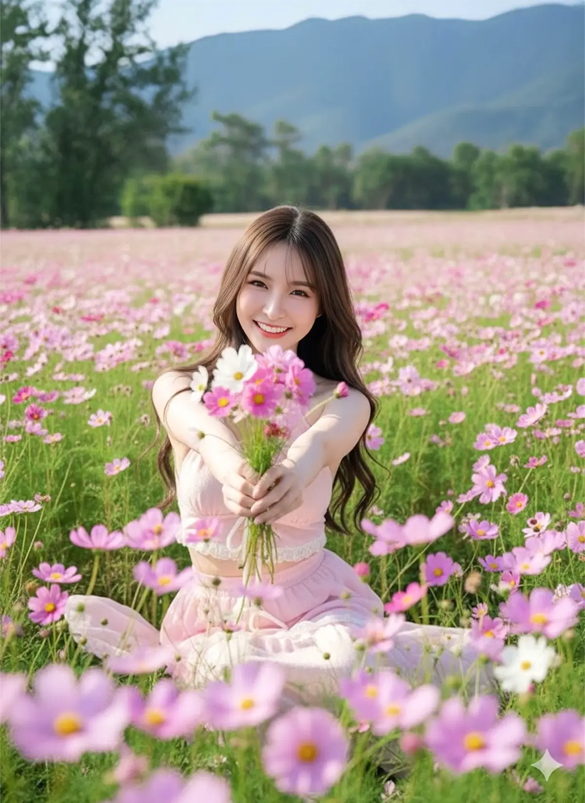 #แจกprompt🥰👇🏻 (ส่วนตัวปรับแก้ไขเองนะคะ) สร้างภาพถ่ายสมจริงของหญิงสาวสวยผิวขาว แต่งหน้าธรรมชาติปัดแก้มสีส้มพีชทาลิปสติกสีชมพูอมส้มขนตางอนคิ้วสวย กรีดอายไลเนอร์ บางๆ ทำให้ตากลมโตดูโดดเด่น ผมยาวตรงสวยปลิวตามลมพัดเล็กน้อย สายตาของเธอมองมาที่กล้องยิ้มจางๆ