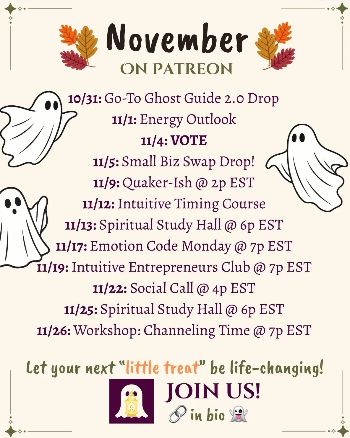 My community is getting better and better! 🤩 With so much going on this holiday season, be sure you’re taking time for your spiritual health and cultivation. Good news is, my community makes that easy. All you have to do is show up ☺️ This month’s theme is all about understanding and working with intuitive timing ✨ I believe in you! Let that next little treat be life changing! 🍬💫 #rebekahtheghostguide #psychicstudy #psychicmedium #spiritualcommunity #littletreat 