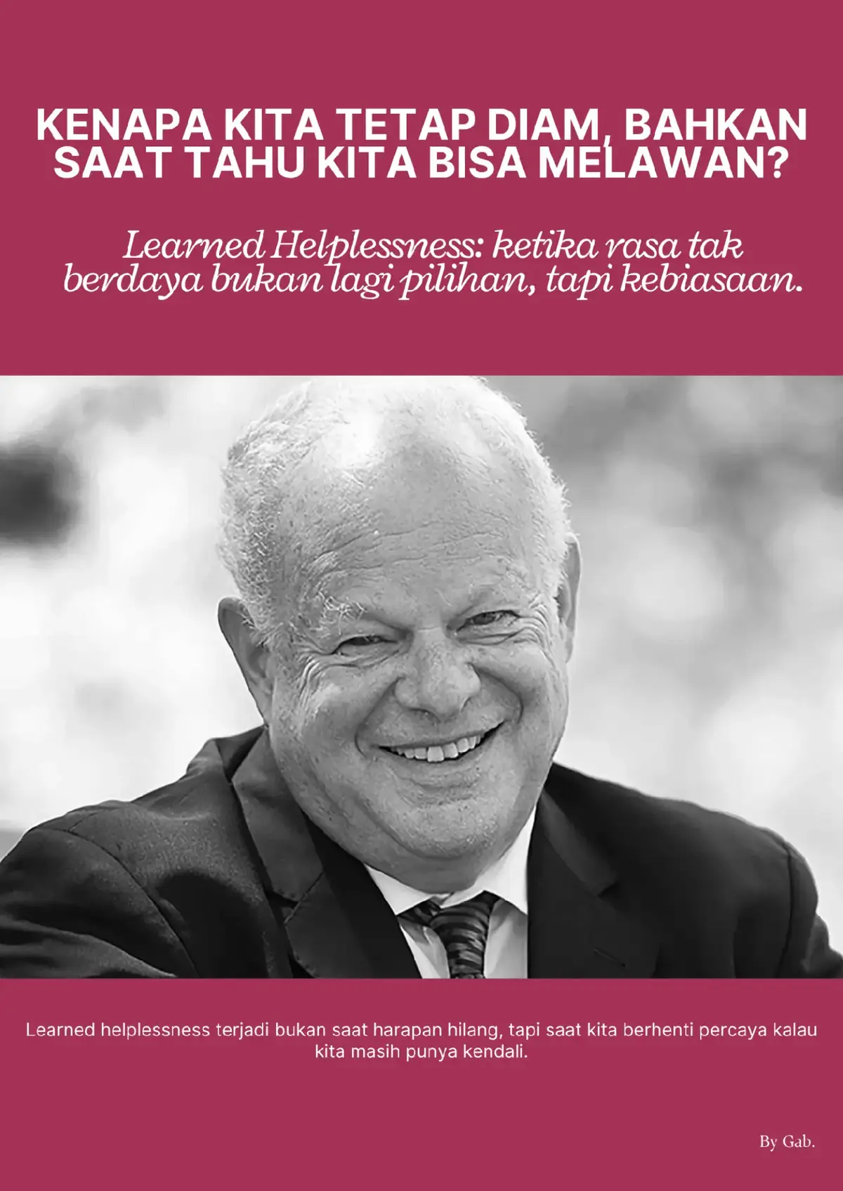 Kadang bukan karena kita gak bisa keluar dari situasi buruk, tapi karena kita udah terlalu sering ngerasa gak bisa. Dalam eksperimennya, Martin Seligman nemuin bahwa ketika manusia (dan bahkan hewan) terus-terusan dikondisikan untuk percaya “gak ada yang bisa diubah,” mereka mulai berhenti mencoba, bahkan saat pintunya udah terbuka. Tapi kabar baiknya: rasa berdaya juga bisa dipelajari kembali. Mulai dari hal kecil, ngambil keputusan sendiri, nyoba sesuatu yang dulu kamu takutin, atau sekadar percaya bahwa kamu masih punya kendali. Karena di balik setiap “aku udah nyerah,” selalu ada bagian kecil dari diri kamu yang masih pengen berjuang. “The defining characteristic of pessimists is that they tend to believe bad events will last a long time, will undermine everything they do, and are their own fault.” — Martin Seligman, Learned Optimism (1991) #emotionalawareness  #MentalHealthAwareness  #psychology  #learnedhelplessness  #martinseligman 