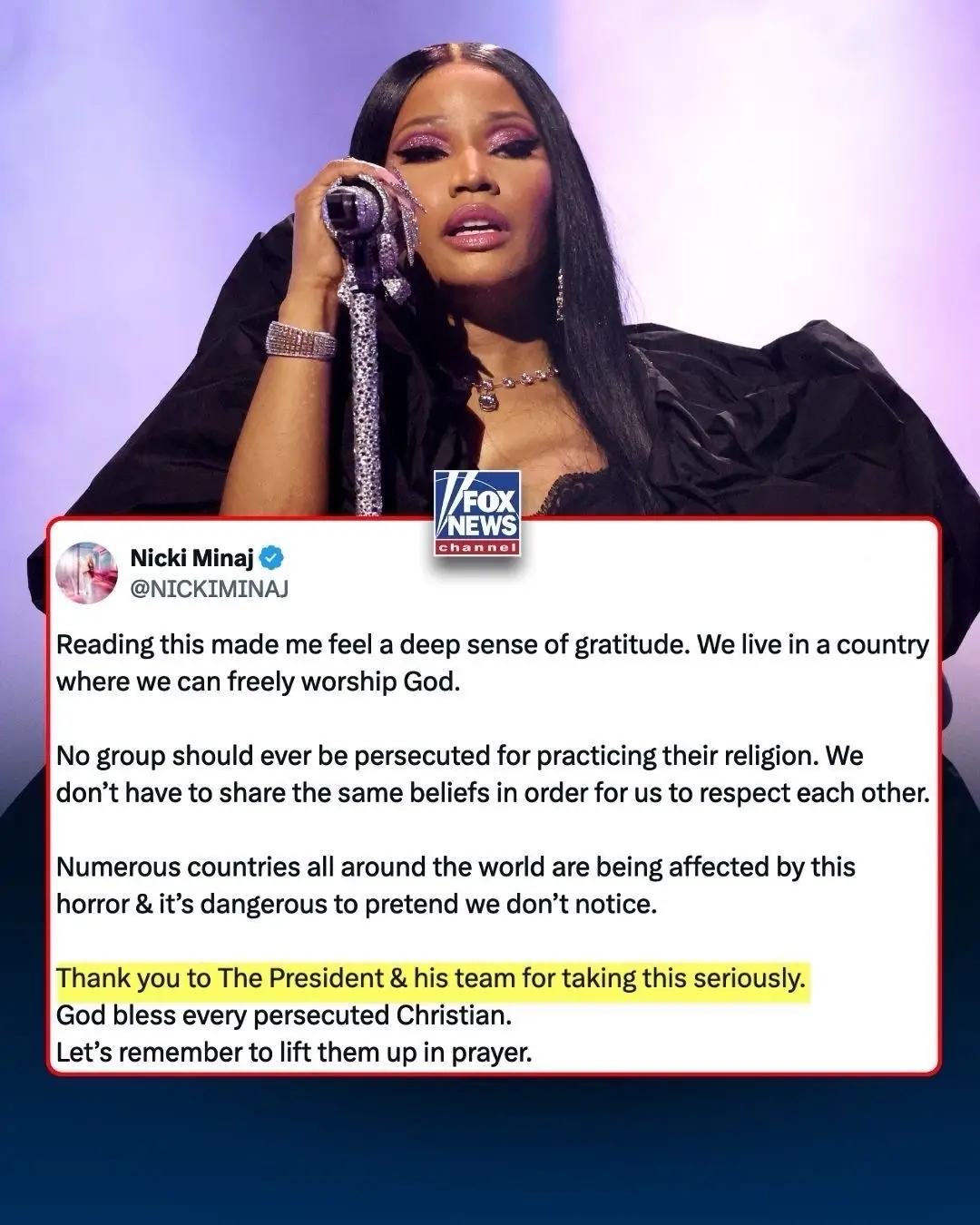 NEW: Rap superstar Nicki Minaj praised President Trump for taking bold action to protect persecuted Christians in Nigeria. 