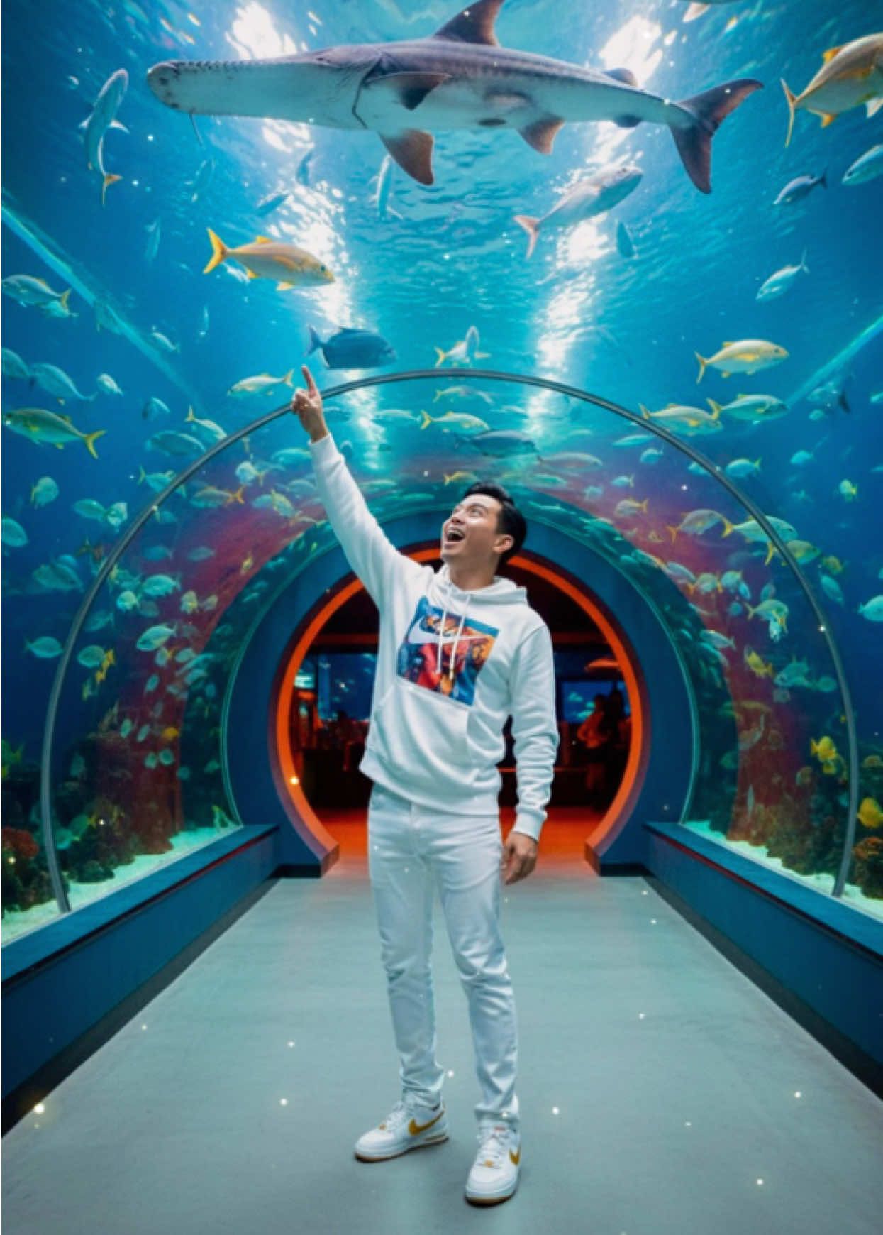 A joyous man is captured in a vibrant, full-body photograph, standing in an underwater tunnel or aquarium, looking upwards with a wide smile and his right arm raised, pointing towards a large sawfish swimming above him. He is positioned centrally in the lower half of the frame, facing upwards, fully immersed in the spectacular aquatic environment. Gemini AI Tutorial: Step 1: Download and Open Gemini Ai App. Step 2: Upload Photo Step 3: Copy text/Prompt @ comments of my Upload/Post photo. #photoshoot #photography #geminiaiprompt #travel #trending 