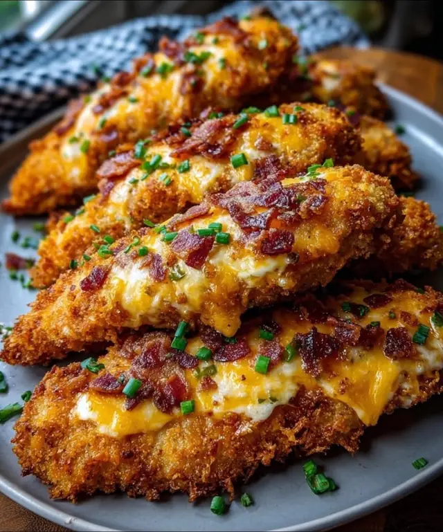 Here’s what you’ll need: 1 lb (450 g) chicken tenders ½ tsp (2 g) salt ½ tsp (1 g) black pepper 1 tsp (2 g) garlic powder 1 tsp (2 g) paprika 1 cup (100 g) shredded cheddar cheese 4 slices bacon, cooked and crumbled 4 oz (115 g) cream cheese, softened 2 tbsp (30 ml) ranch dressing 2 tbsp (15 g) chopped green onions Let’s make it together: Step 1: Prep and preheat. Set your oven to 375°F (190°C) and lightly grease a baking dish. I love using a ceramic or glass dish—it bakes evenly and makes cleanup easy. Step 2: Season the chicken. Lay the chicken tenders in the dish and sprinkle them with salt, pepper, garlic powder, and paprika. That little mix gives them a great smoky, savory base. Step 3: Make the topping. In a small bowl, combine the softened cream cheese, shredded cheddar, crumbled bacon, and ranch dressing. Mix until creamy and well blended. It’s rich and flavorful—like the best cheesy dip, but for your chicken! Step 4: Spread and bake. Evenly spread the mixture over the chicken tenders. Bake for 20–25 minutes, until the chicken is cooked through (165°F / 74°C) and the cheese topping is bubbling and golden around the edges. Step 5: Finish with freshness. Once it’s out of the oven, sprinkle with chopped green onions for a little pop of color and freshness.
