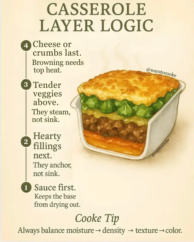 Every casserole tells on you. The soggy ones skipped the science. Sauce goes first to lock in moisture, fillings anchor the base, veggies steam above, and cheese takes the heat. For more kitchen science that actually makes you better at cooking, link in bio.