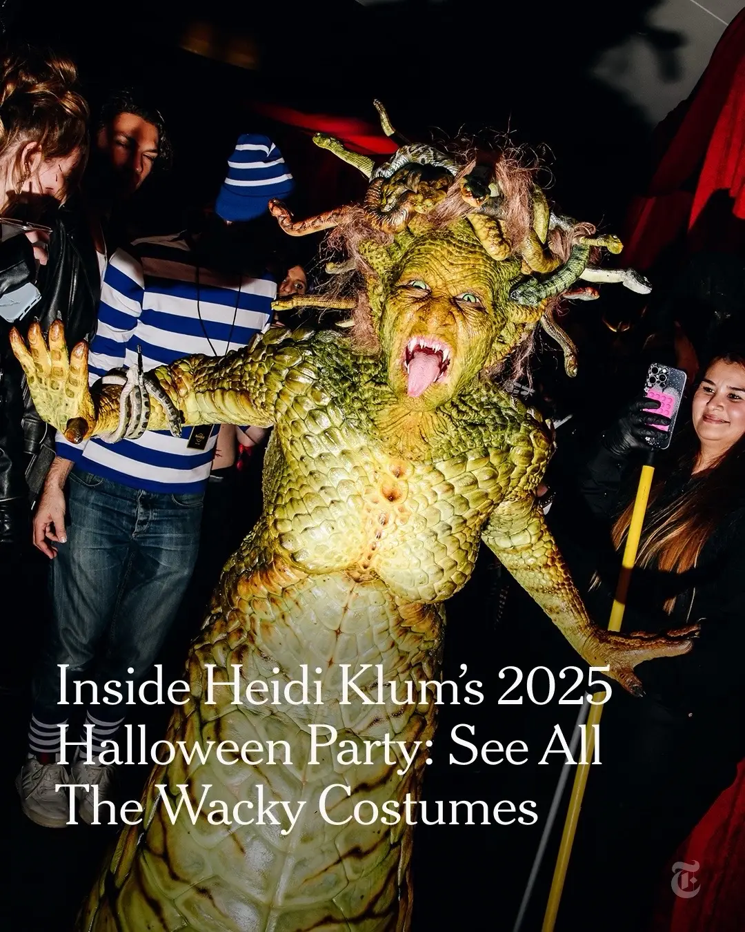 About 500 people attended Heidi Klum’s Halloween party held in Midtown Manhattan on Friday night. The annual bash was filled with zany costumes, and Klum herself dressed as the Greek mythological monster Medusa. Photos by Nina Westervelt for The New York Times #Halloween #HeidiKlum #Manhattan #costumes 