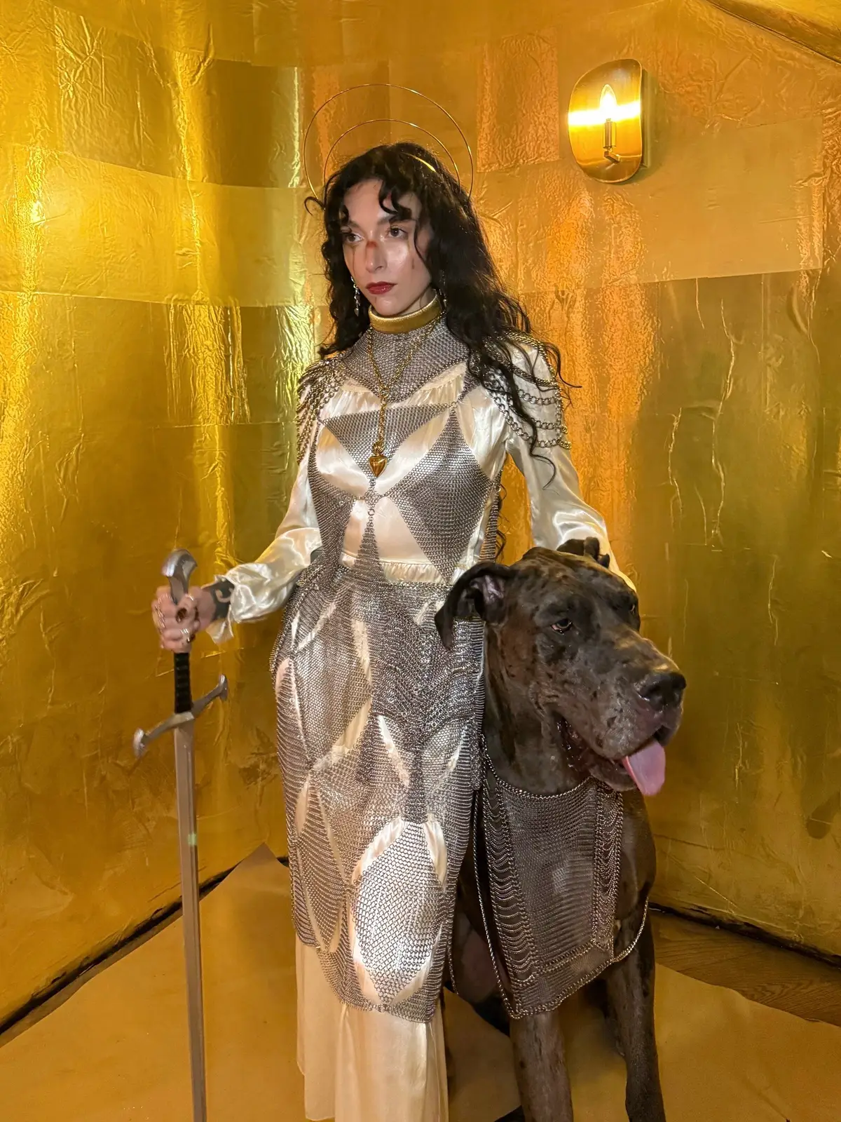 Battle-won beside the armored steed, weeping saintly tears.  🪽 Many thanks to all the Halloweenies who voted in my story to help me figure out what to do a couple hours before the evening’s affairs. This was paws down the easiest option but hey I’m not complaining! And now I feel determined to also do a WoW night elf in the future… PS if anyone recognizes this sword then you’re my kind of nerd. 🤍 Chainmail by the best @Falconiere Shop  Sacred heart necklace & earrings by @Ask & Embla  #joanofarc #halloween #dogsoftiktok #medievaltiktok #greatdane 