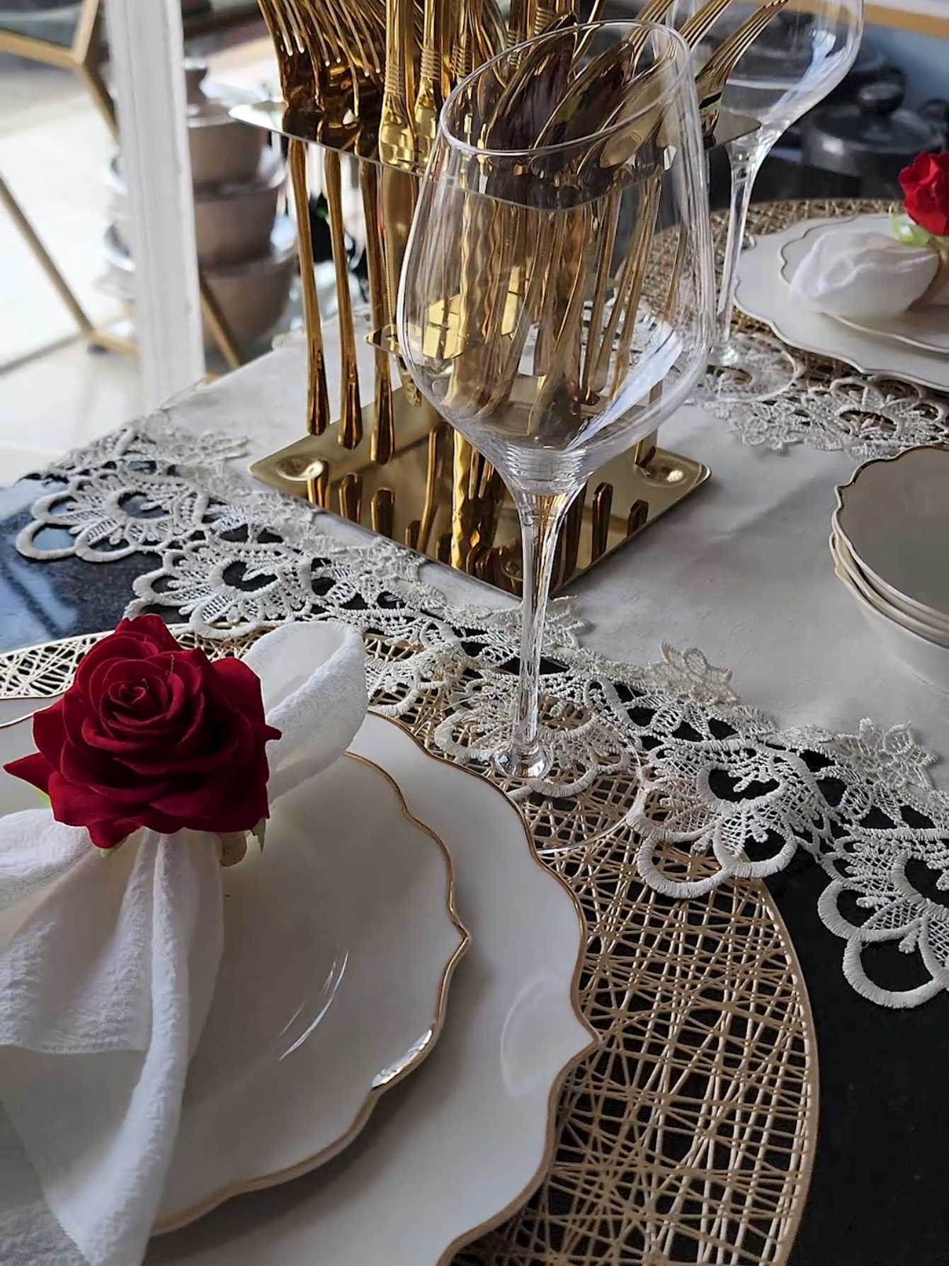 Your guests will be talking about this table all night. Simple, stunning, and totally yours.  Find these pieces and more at KitchenFlaire. #TabletopDesign #EventStyling #TablescapeInspo #WeddingDecor #EventPlanning 