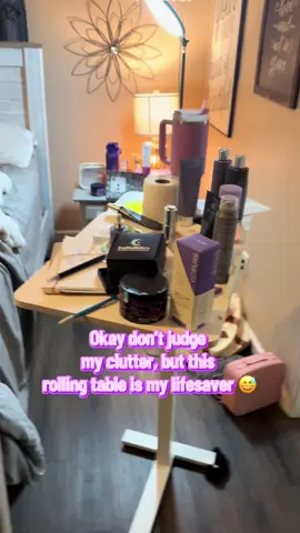 “No judgment zone — this table is my entire life in one spot 😅 Filming, editing, snacks, and coffee all right here. If you multitask from bed too… you need this 🛏️👇#rollingtable #overbedtable #table #falldealsforyou #chaos 