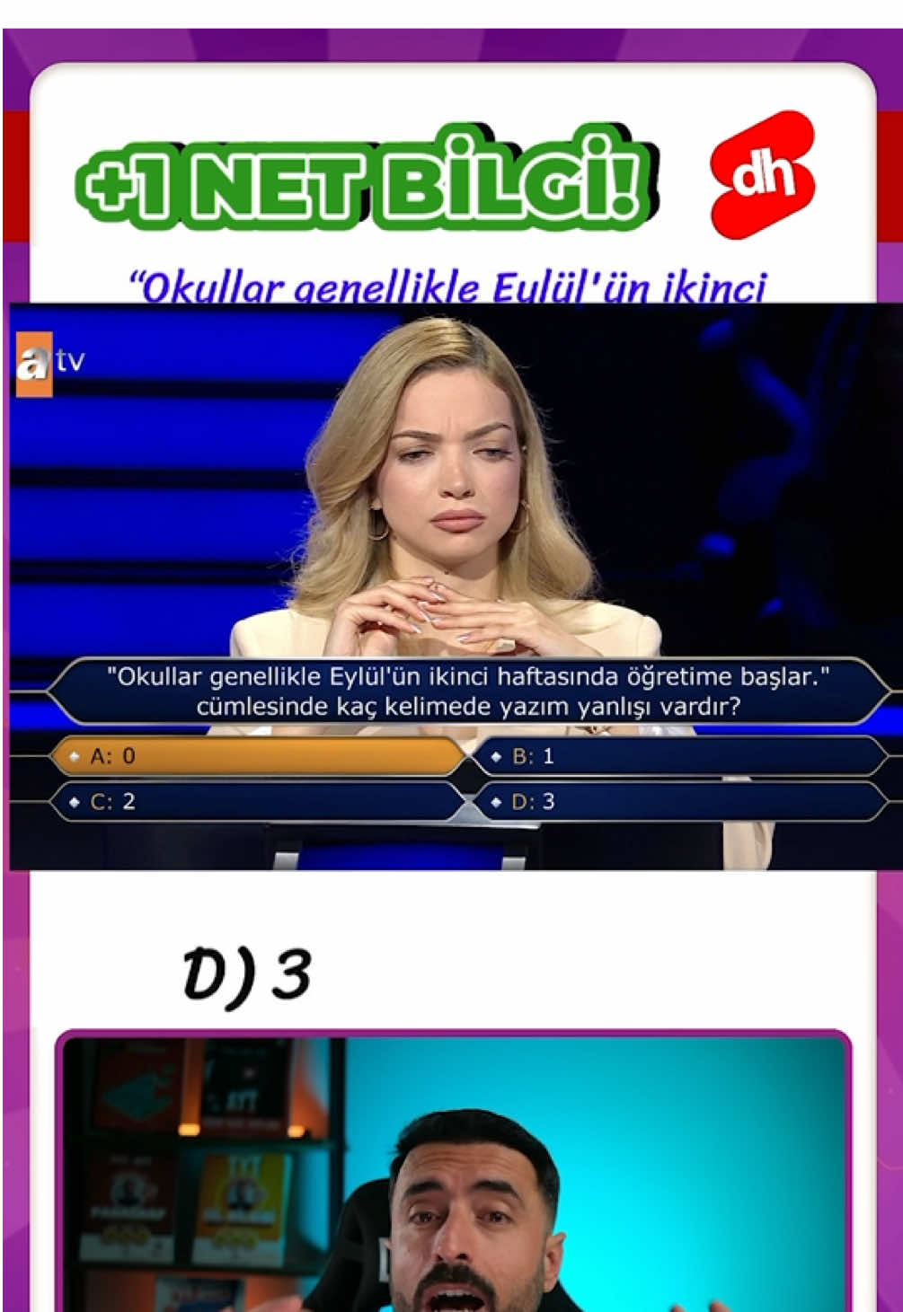 🎯 “Kim Milyoner Olmak İster”de sorulan yazım yanlışı sorusunu inceledik! Bazılarına kolay geldi, bazılarını ise ters köşe yaptı 😅 Bu videoda hem sorunun doğru cevabını hem de benzer yazım hatalarını nasıl ayırt edeceğini anlattım. Sen de bakalım doğru cevabı biliyor muydun?