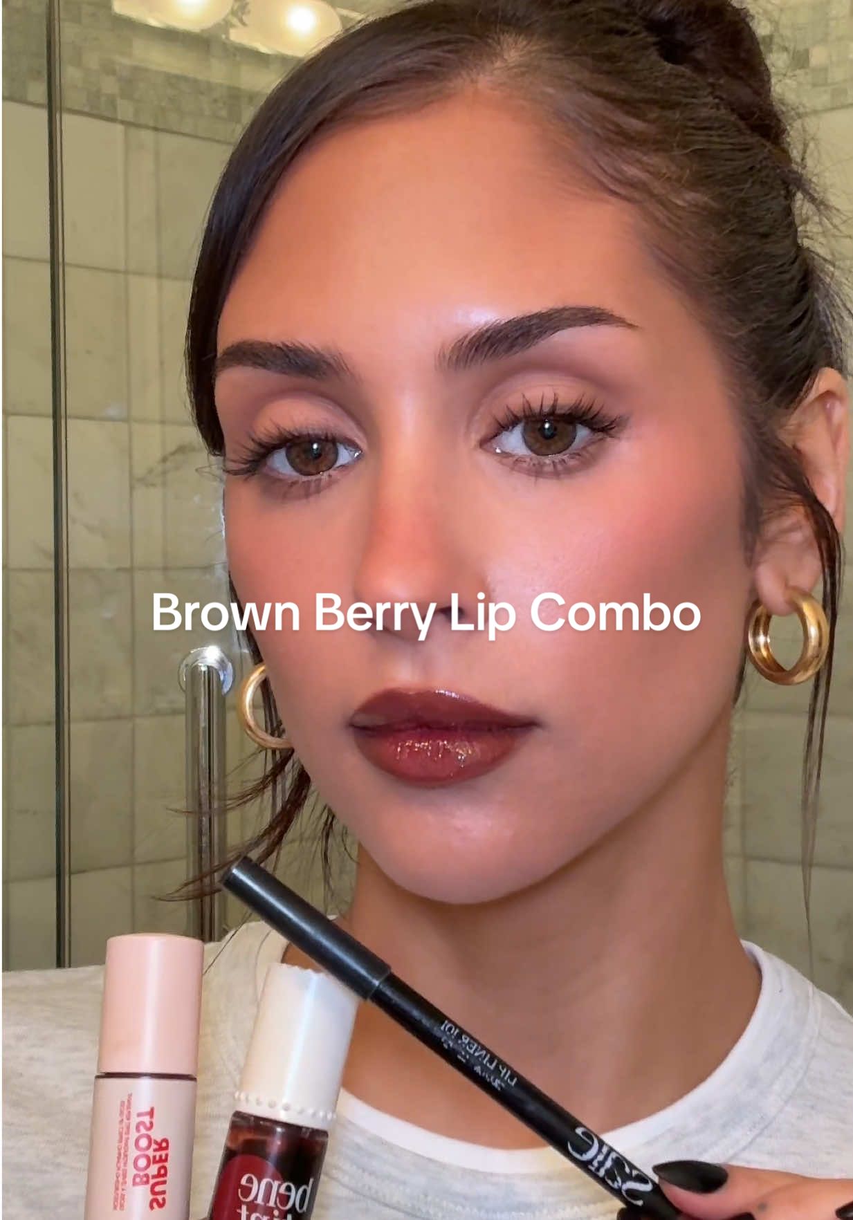 brown berry lip combo🤎 @Benefit Cosmetics benetint “dark cherry” @Saie lip liner “tease” @makeupforever super boost gloss “limitless brown” #lipcombo #brownberrylip ##makeuptutorial