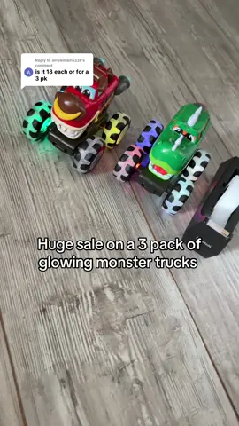 Replying to @amywilliams338 tape not included🤣 the 3rd one is a blue shark that my son is OBSESSED with. He hasn’t stopped playing with it since I opened these. These glowing monster trucks are definitely a hit gift for the holidays #monstertrucks #kidtoys #kidgifts #toddlertoys #toytruck 