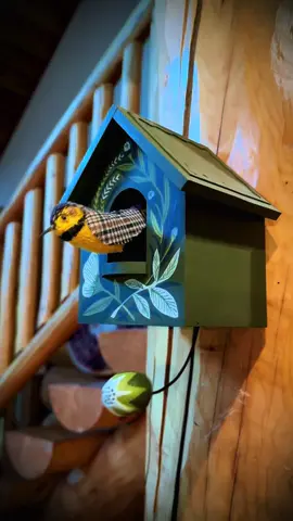 My balances came out of the kiln and after debating if I should glaze or just paint with acrylic… I went with acrylic to match the houses. With this. I think we have the mechanics figured out on the wooden and cloth bird combo!  #bird #artist #craft #whimsy #naturelover 